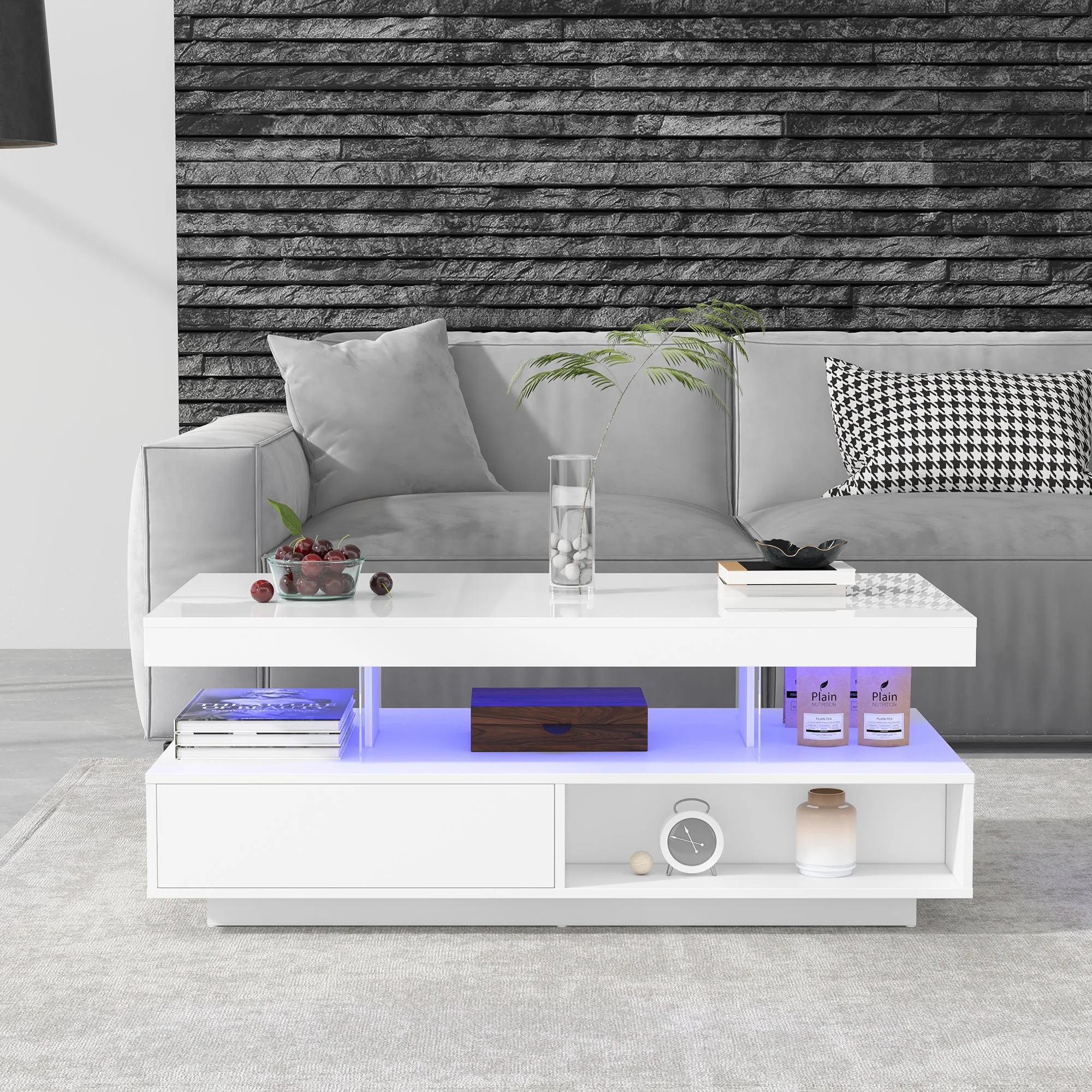 Coffee Table 95x50x42.5 cm with 4 Glass Tops, 2 Drawers, 2 Open Compartments, White High-Gloss - Image 6