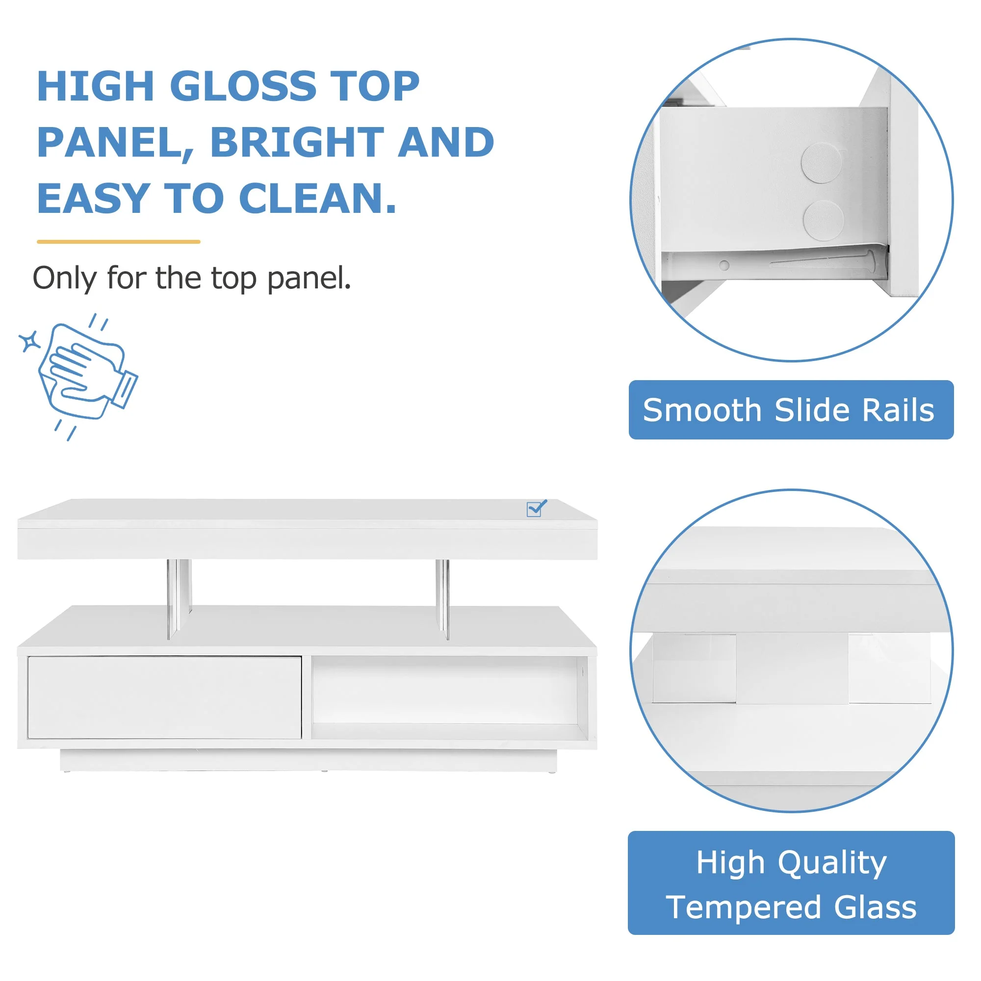 Coffee Table 95x50x42.5 cm with 4 Glass Tops, 2 Drawers, 2 Open Compartments, White High-Gloss - Image 9