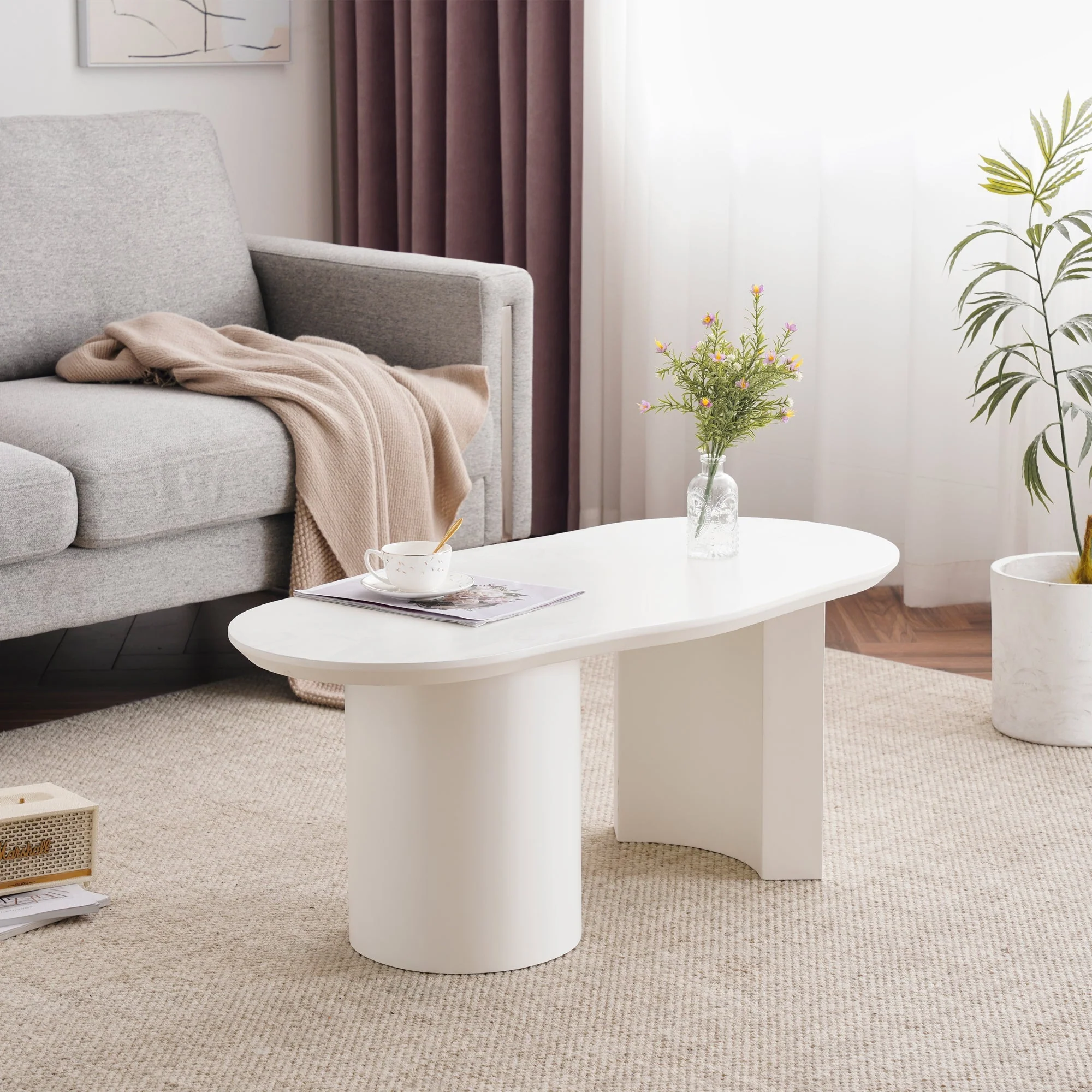 Coffee Table, Abstract Cloud Shaped Irregular, White Wooden Painted