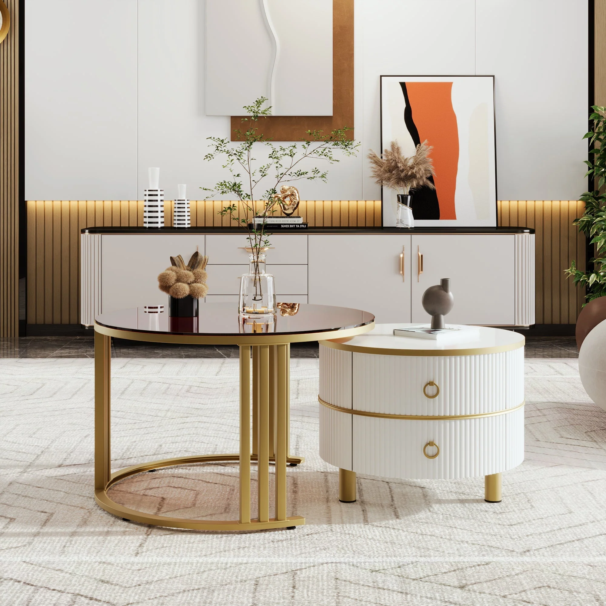 Coffee Table and Side Table Combination, 2-in-1 Round MDF with High-Gloss & Brown Tempered Glass Tops, 2 Drawers
