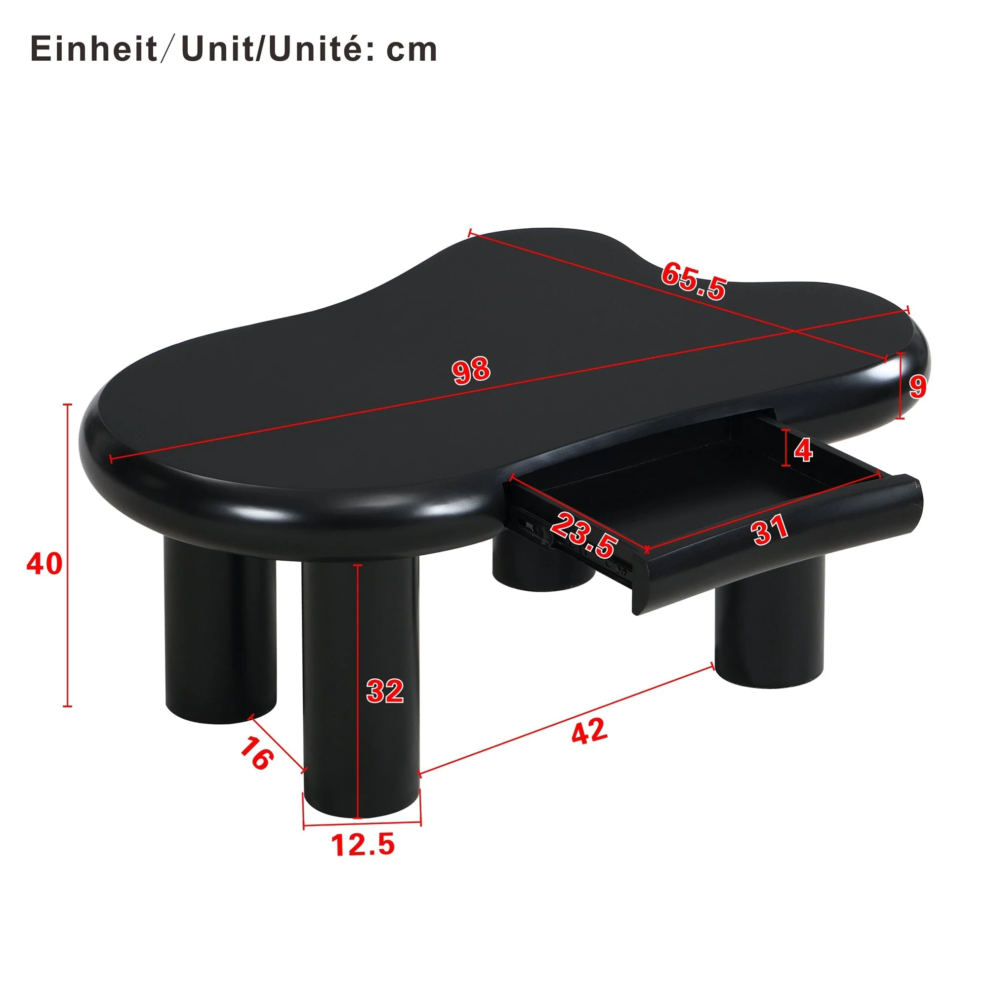 Coffee Table, Cloud-Shaped with 16-Color LED & Drawer, Black MDF - Image 6