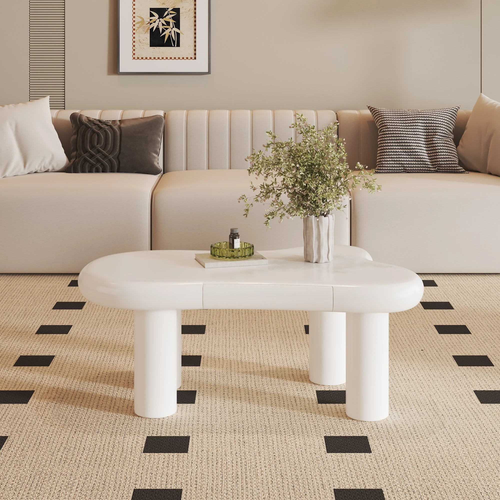 Coffee Table, Cloud-Shaped with 16-Color LED & Drawer, White MDF - Image 4