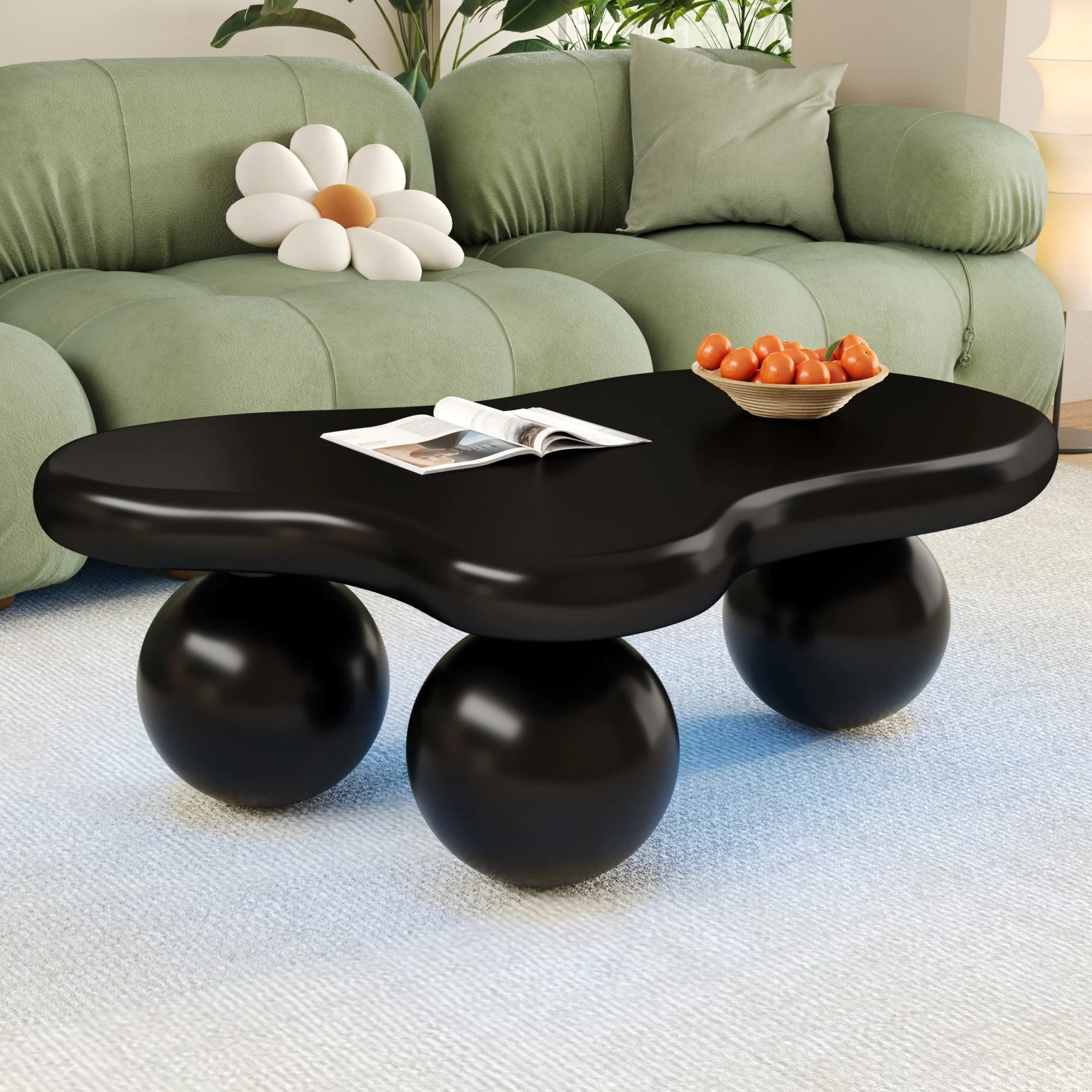 Coffee Table, Cloud-Shaped with LED Lighting & Round Legs, Black - Image 5