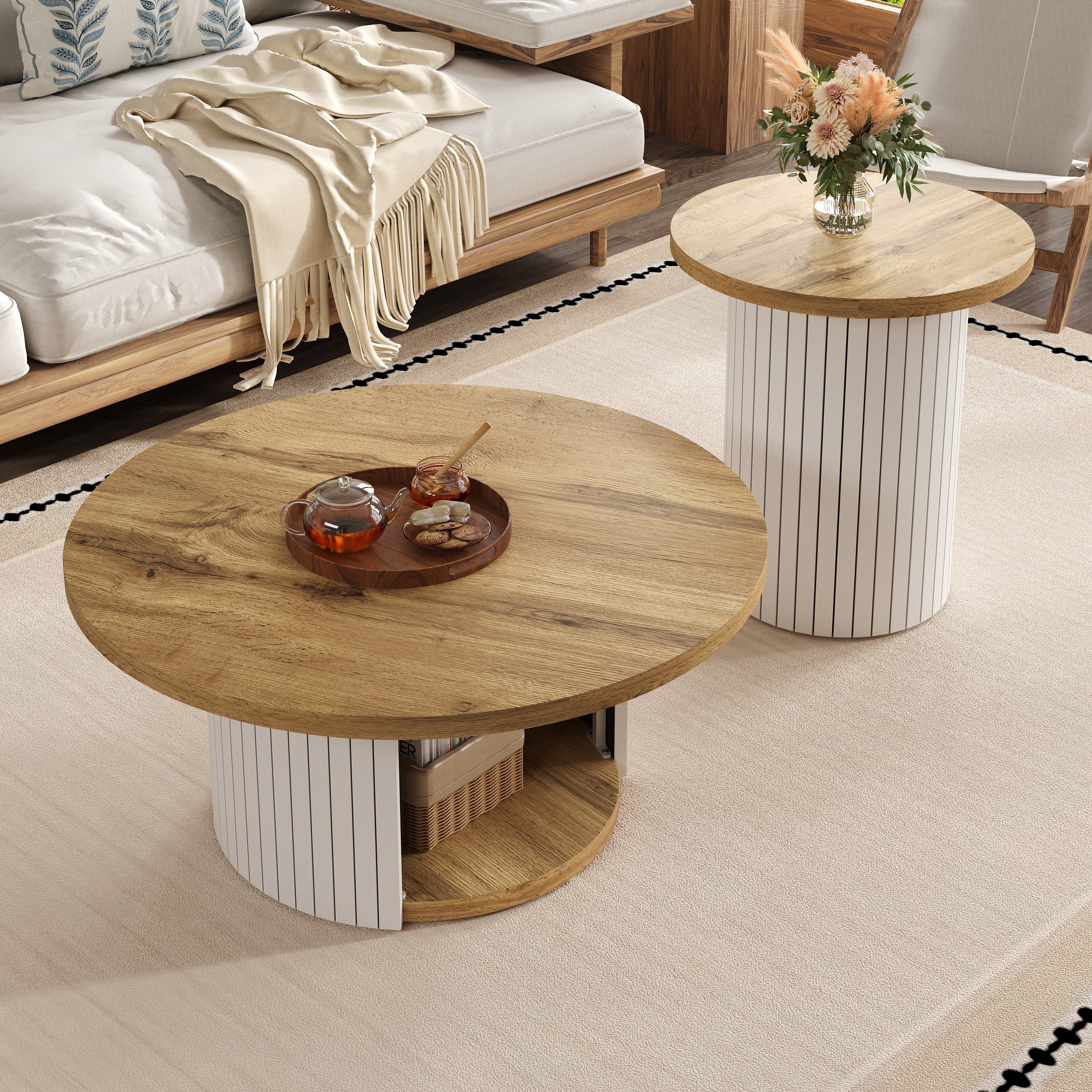 Coffee Table Double Round Multifunctional Natural Wood Slats - Image 6