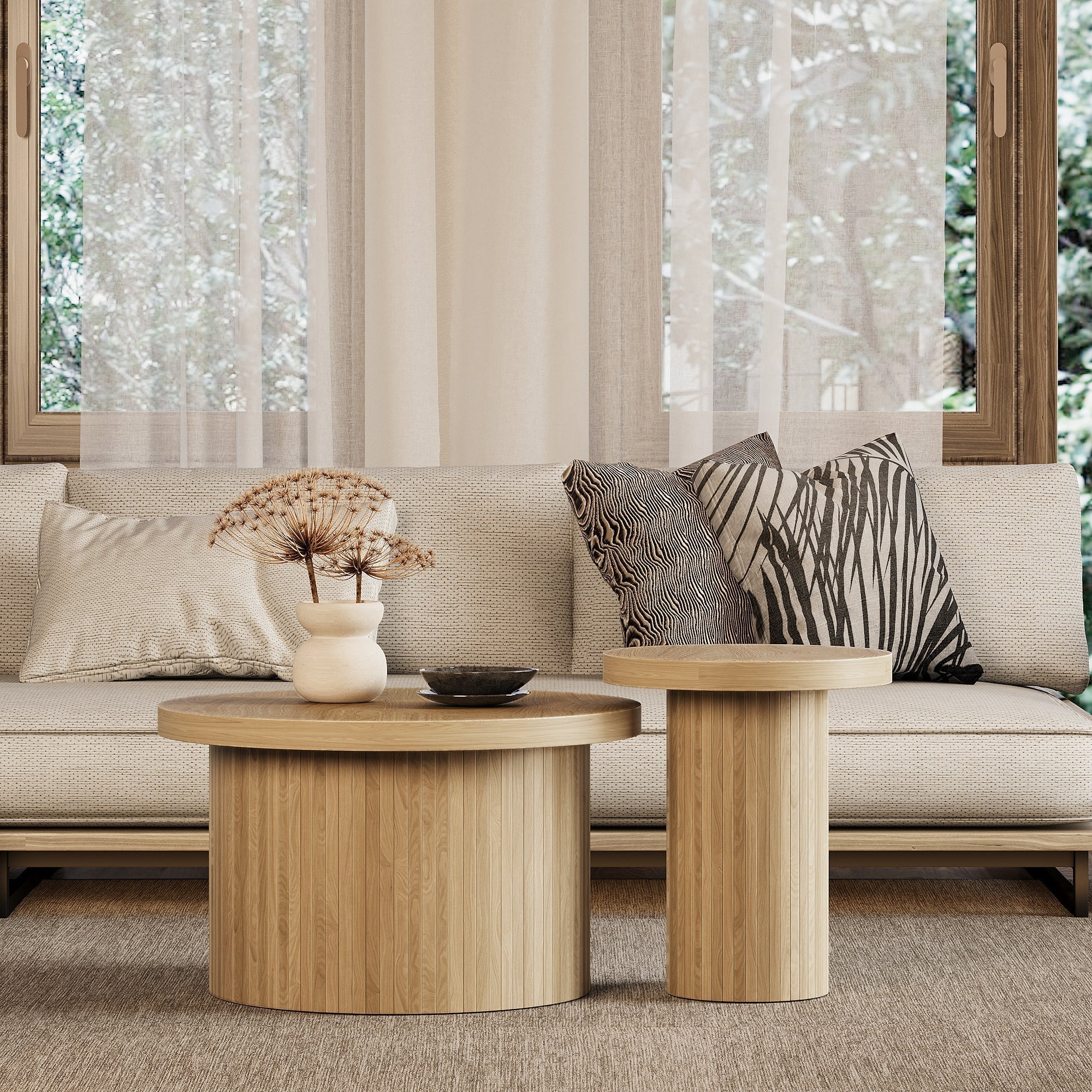 Coffee Table, Double Round Side Table, Natural Wood - Image 3