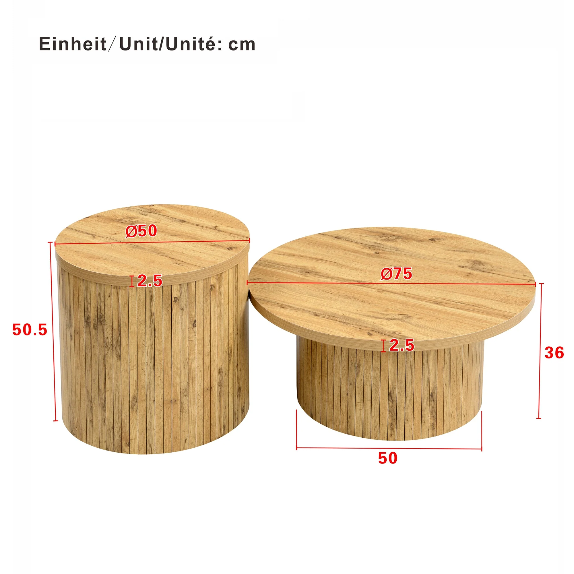 Coffee Table Double Round Slats Multifunctional - Natural Wood - Image 4