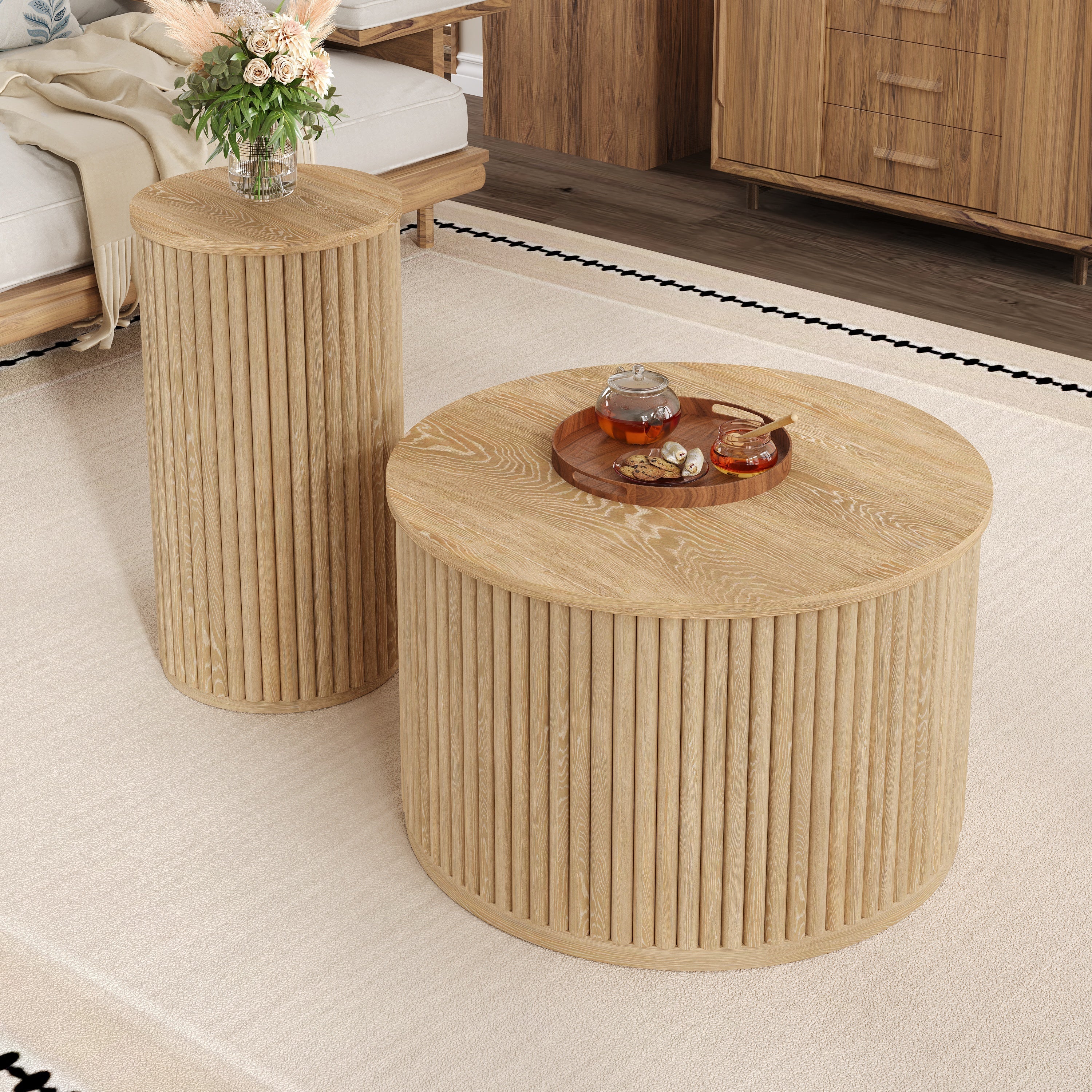Coffee Table Double Round Slatted - Natural Wood - Image 4