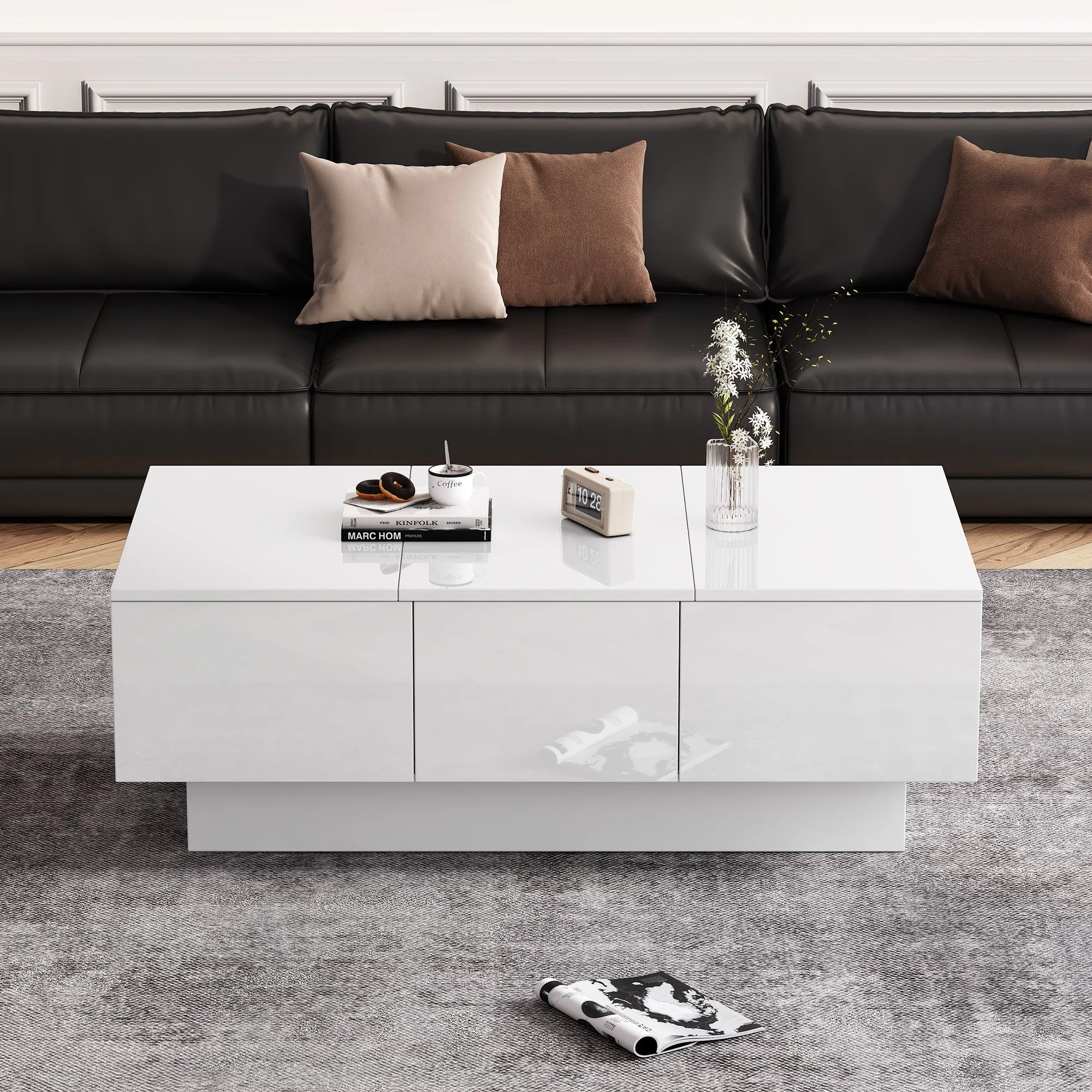 Coffee Table for Living Room, Modern Side Table with 2 Drawers and 2 Big Storage Space, White High Gloss Particle Board - Image 4