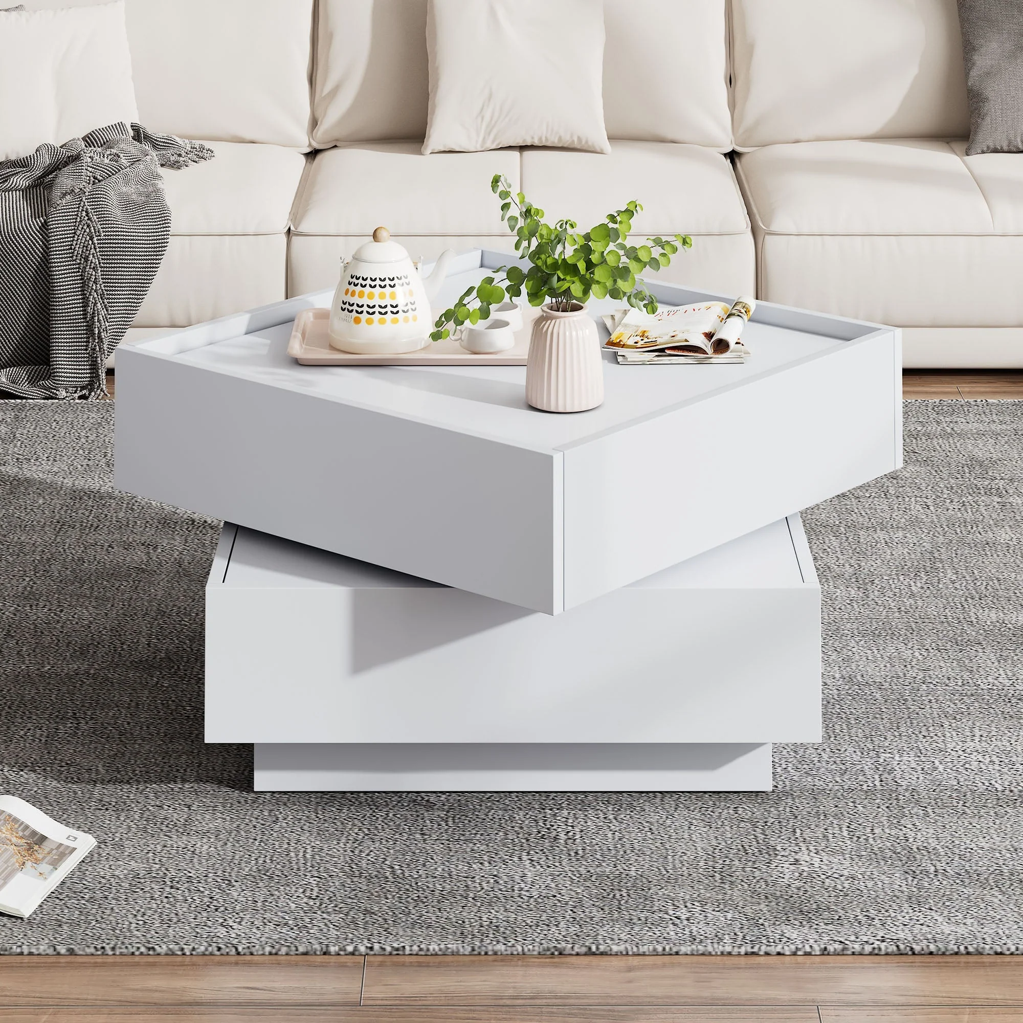 Coffee Table, Functional 360° Rotating with 2 Shelves & Storage, Pure White - Image 4