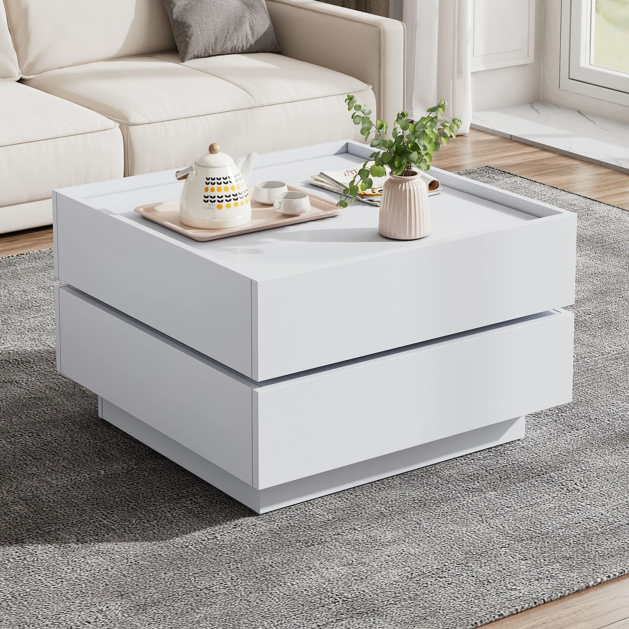 Coffee Table, Functional 360° Rotating with 2 Shelves & Storage, Pure White - Image 5