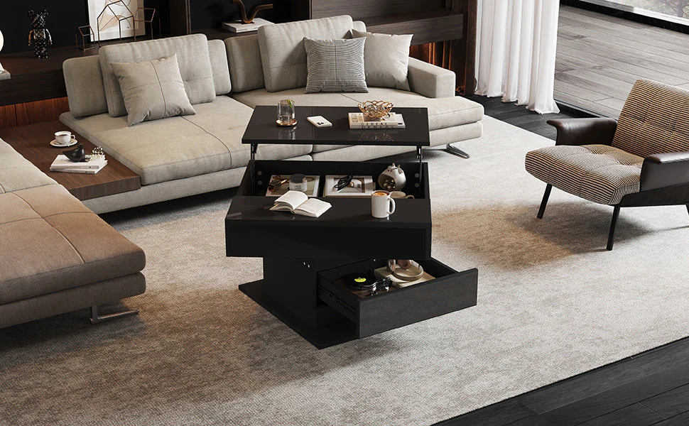 Coffee Table Geometric 360° Swivel Lift-Top 1 Drawer High-Gloss - Black - Image 9