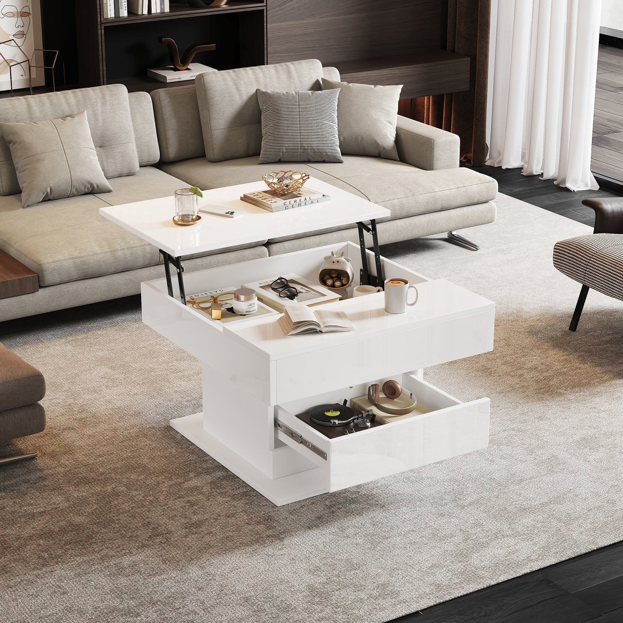 Coffee Table Geometric Lift-Up 360° Swivel Top 1 Drawer Hidden Storage - High-Gloss White - Image 9