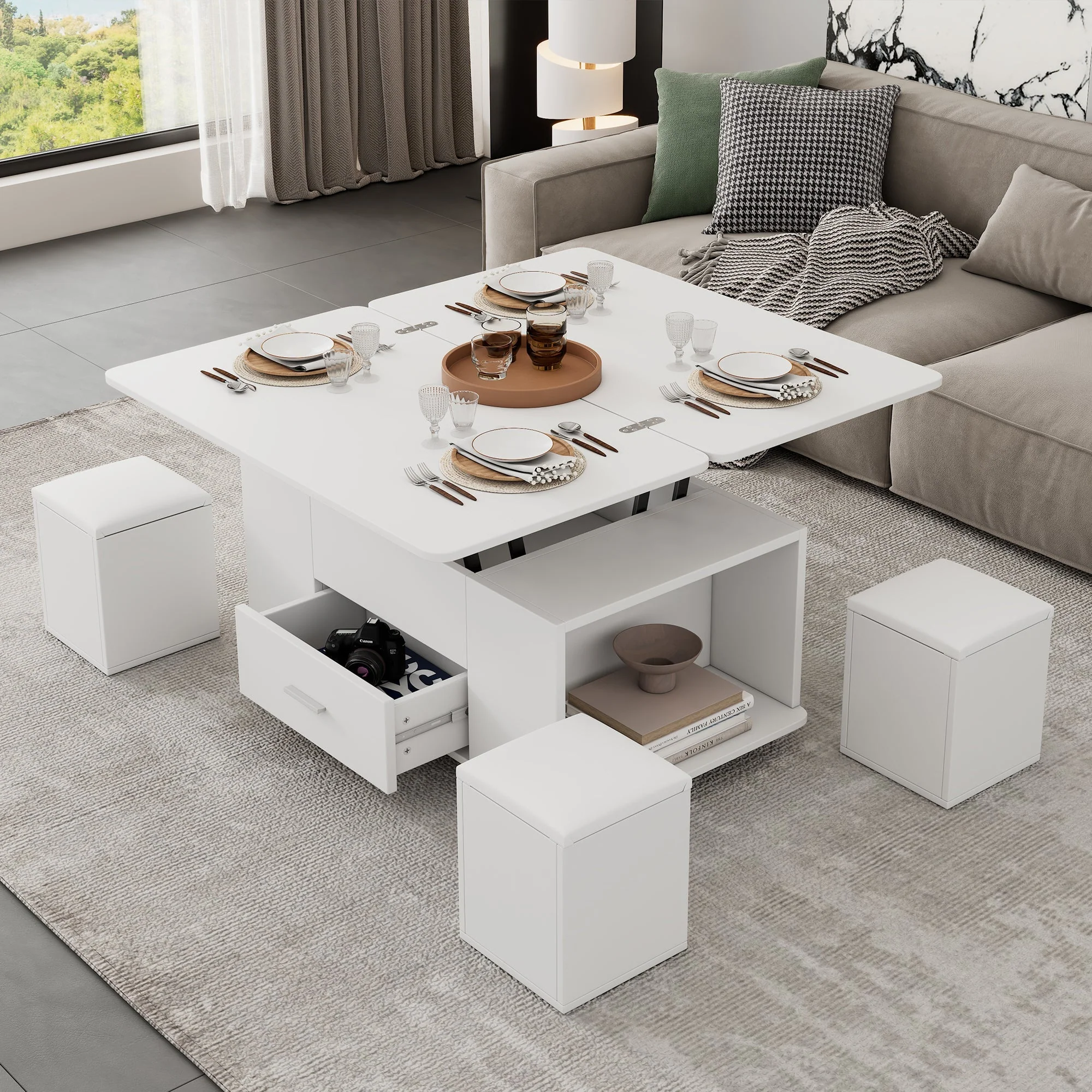 Coffee Table, Height-Adjustable 4-in-1 Multifunctional with Drawers and 4 Stools, White - Image 2