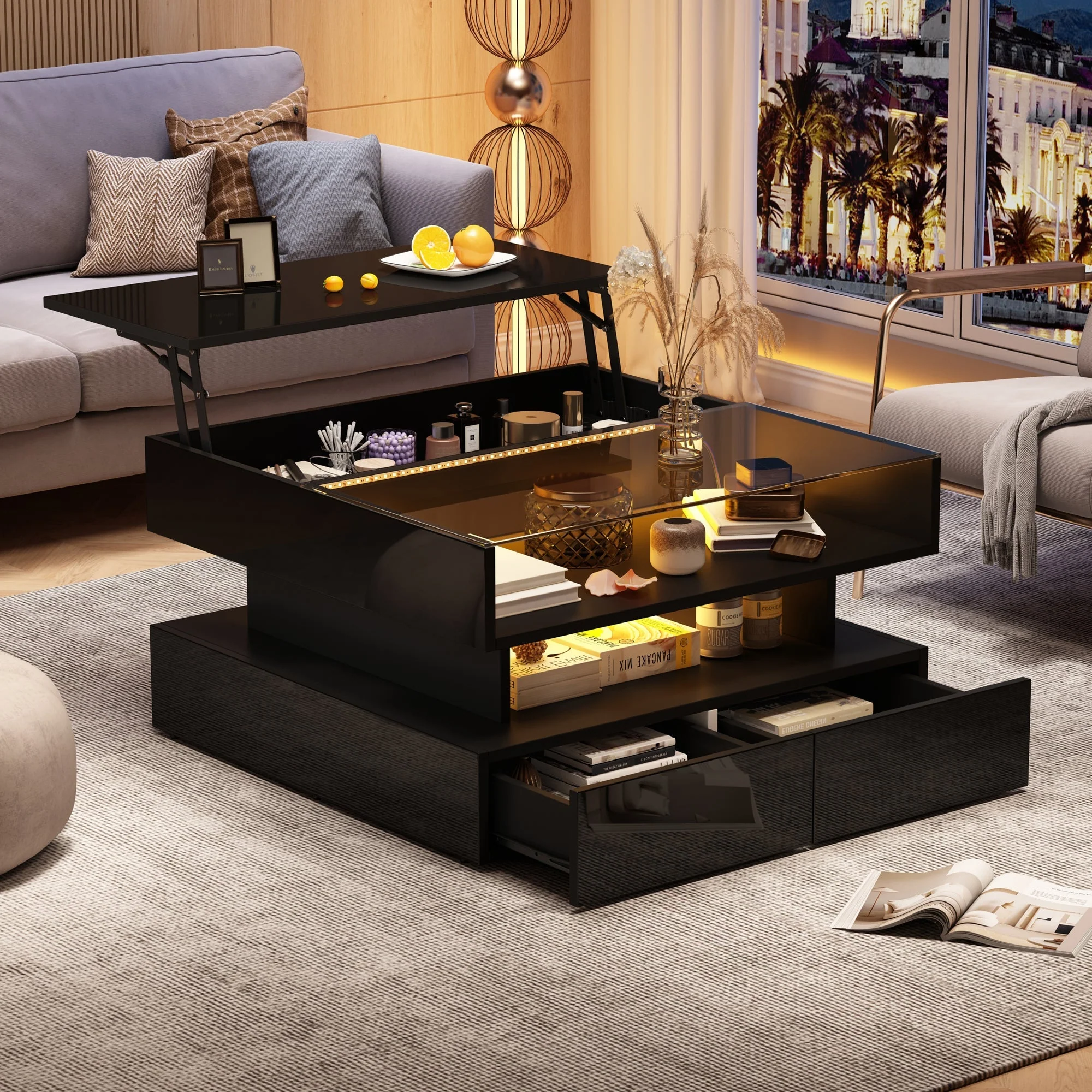Coffee Table Height-Adjustable Hidden Storage LED Lights Tempered Glass, Black - Image 4