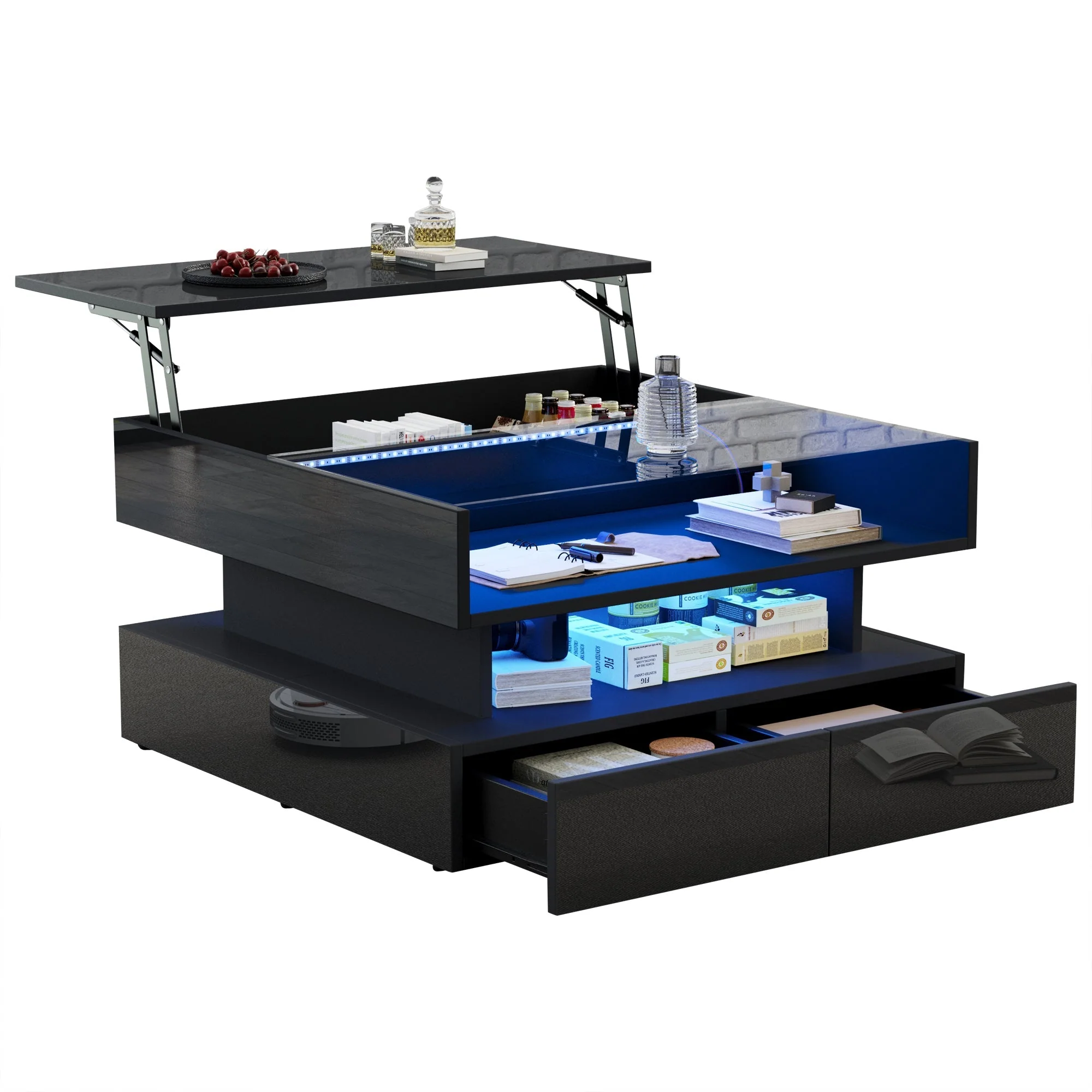 Coffee Table Height-Adjustable Hidden Storage LED Lights Tempered Glass, Black - Image 7