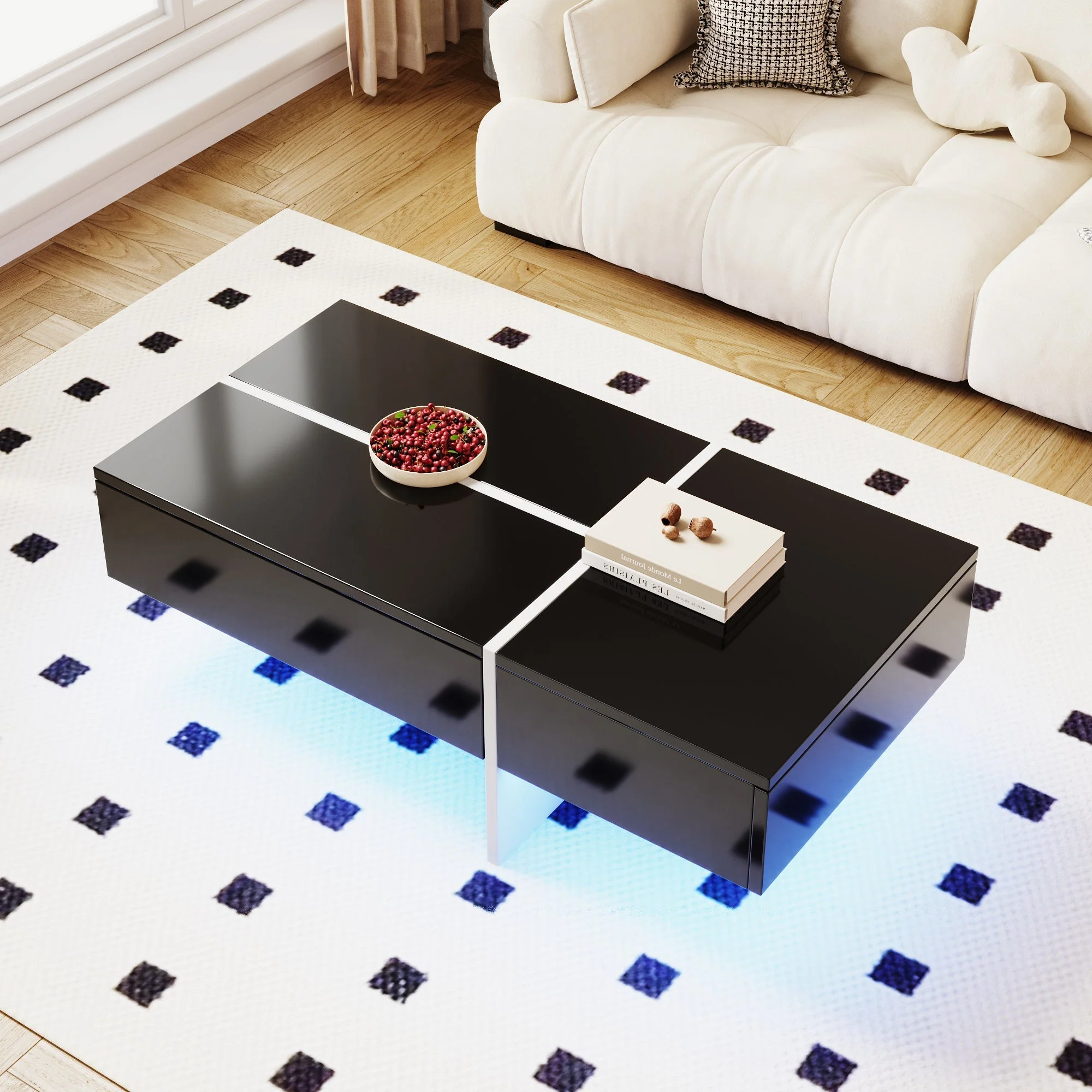 Coffee Table, High-Gloss Colorblock Structure, 100x50x34.5cm, Black and White - Image 2