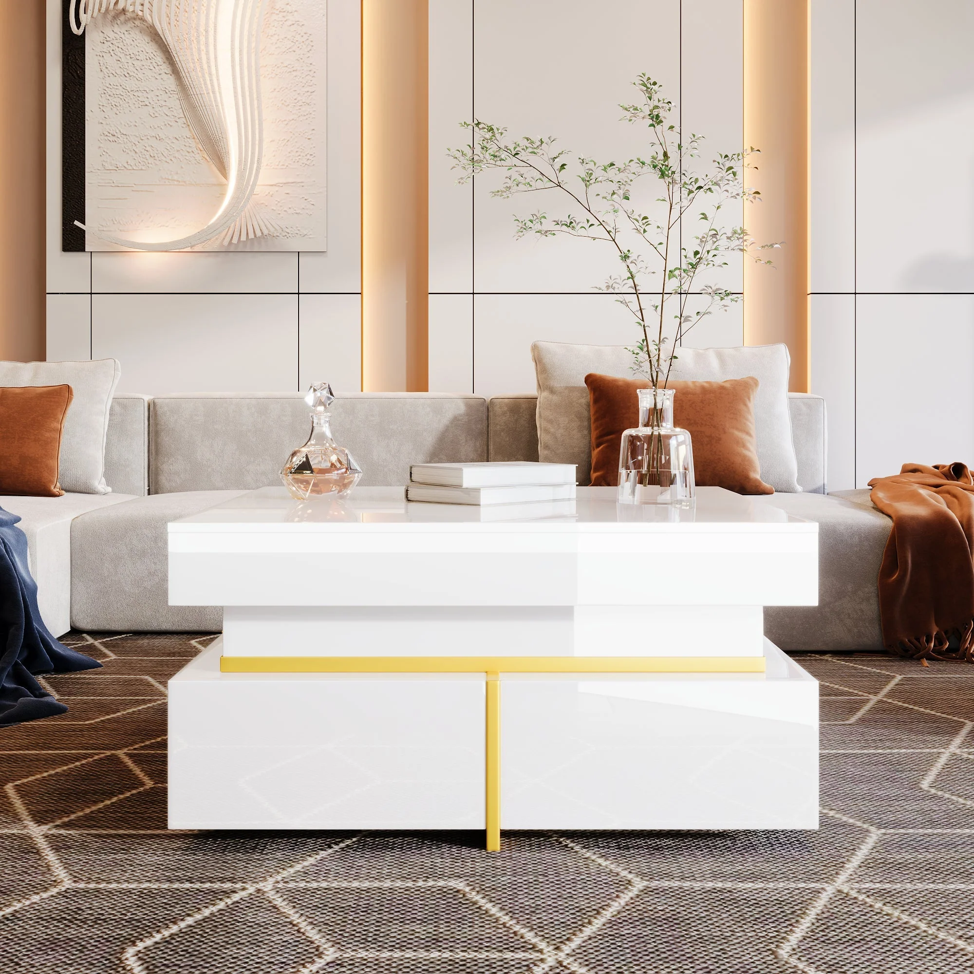 Coffee Table, High-Gloss, Drawers and Gold Accents - Image 8