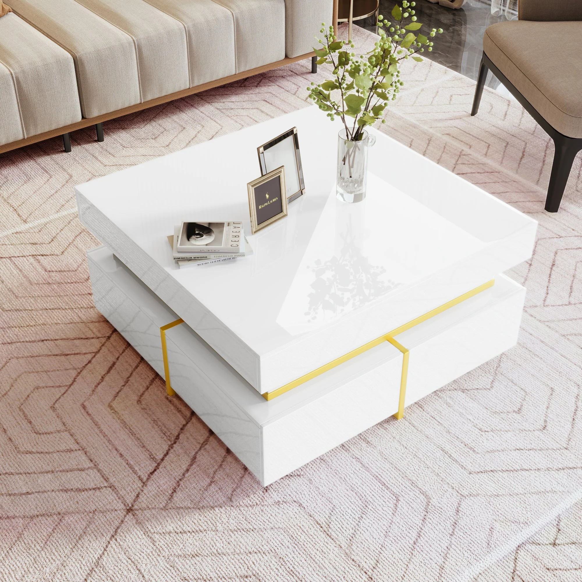 Coffee Table High-Gloss Drawers Gold Accents - Image 6