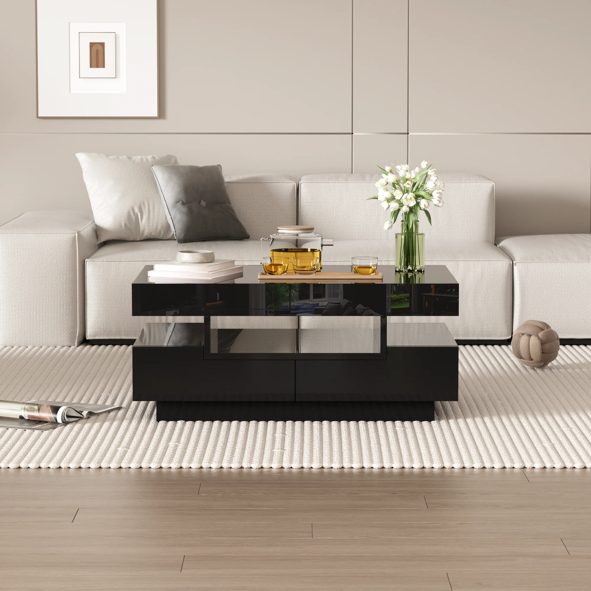 Coffee Table, High-Gloss, LED Light, Four Drawers, Large Storage, White - Image 13