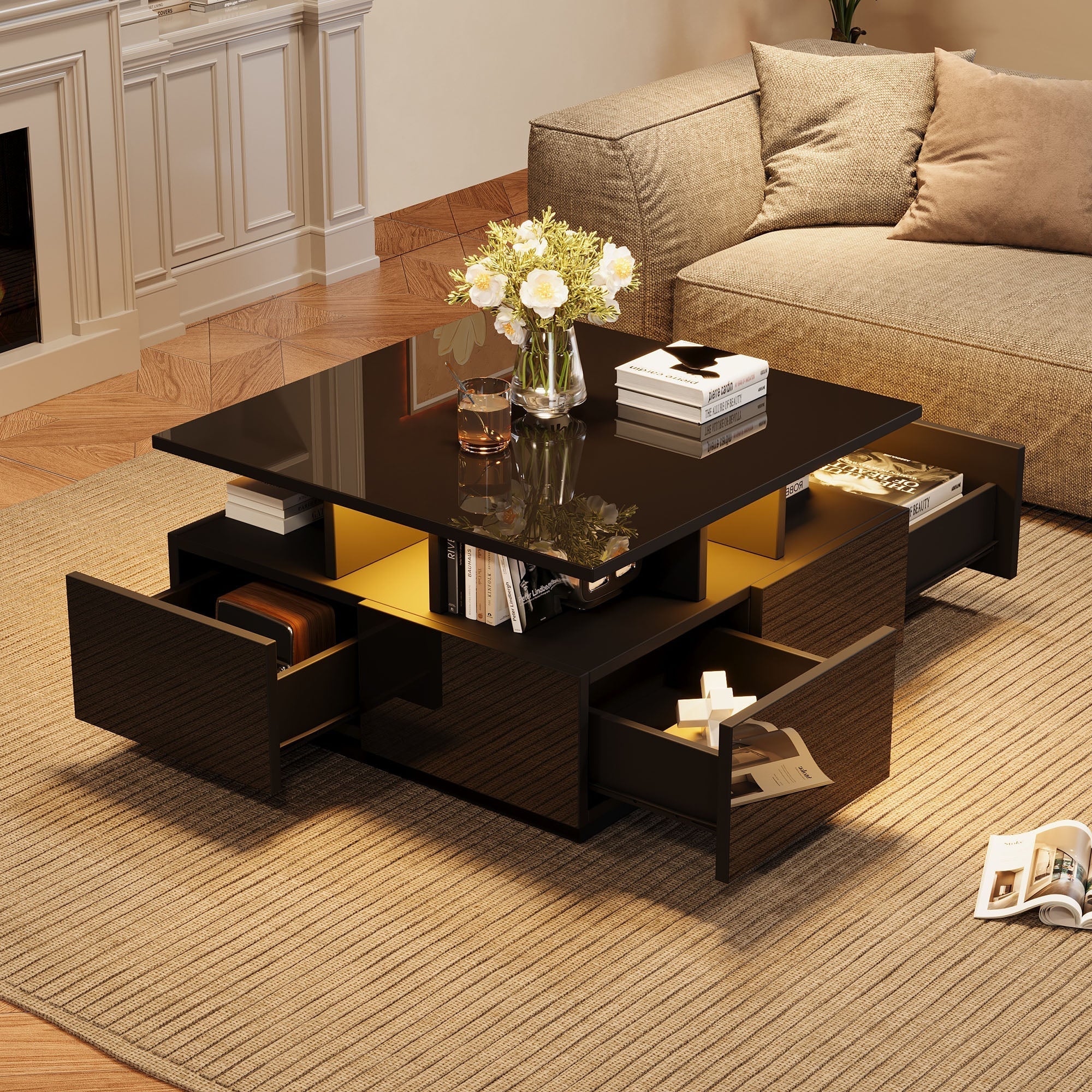 Coffee Table, High-Gloss LED with 4 Drawers, Geometric Design, Black - Image 4