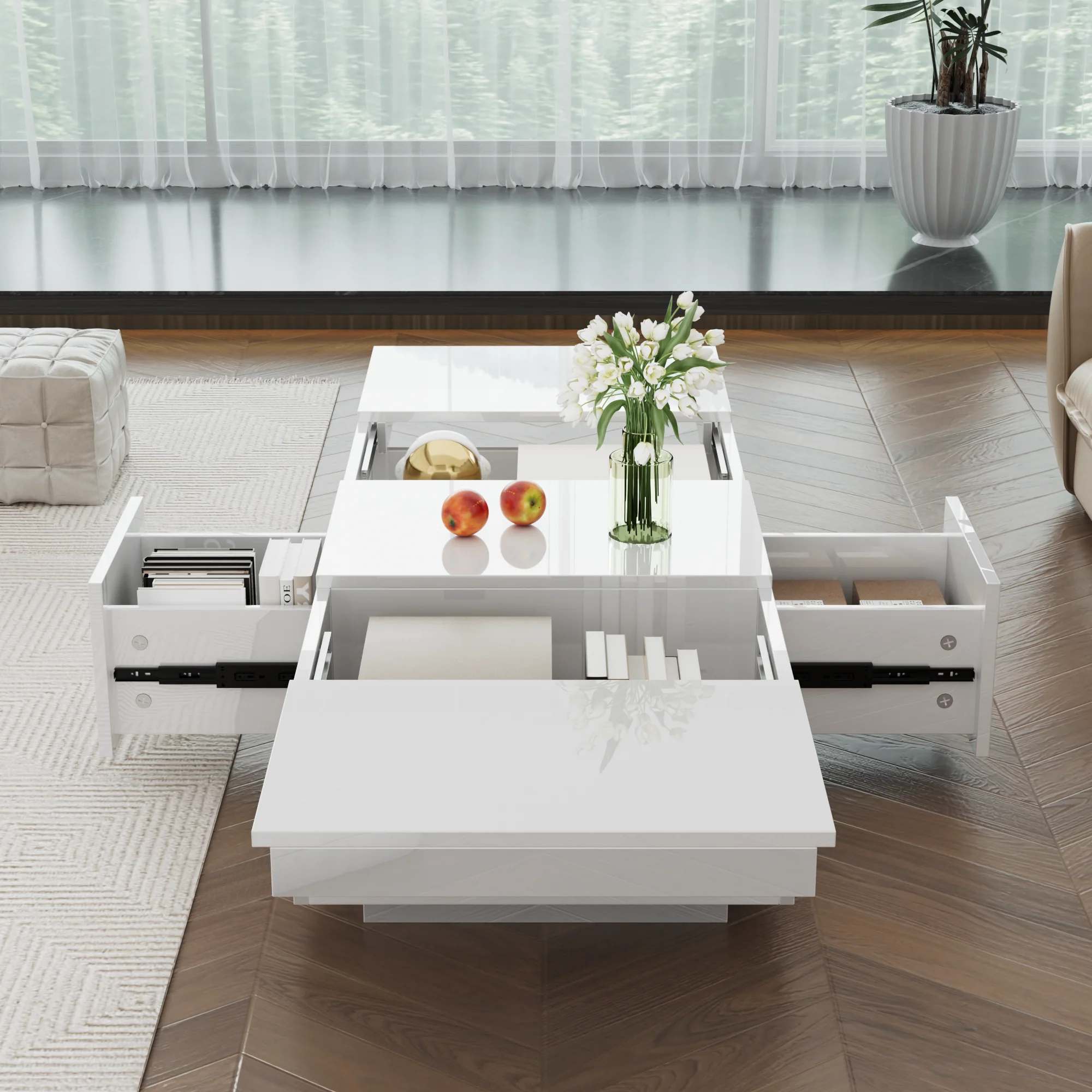 Coffee Table, High Gloss Living Room Table with Push-Pull Storage, Double-Sided Drawers - Image 10