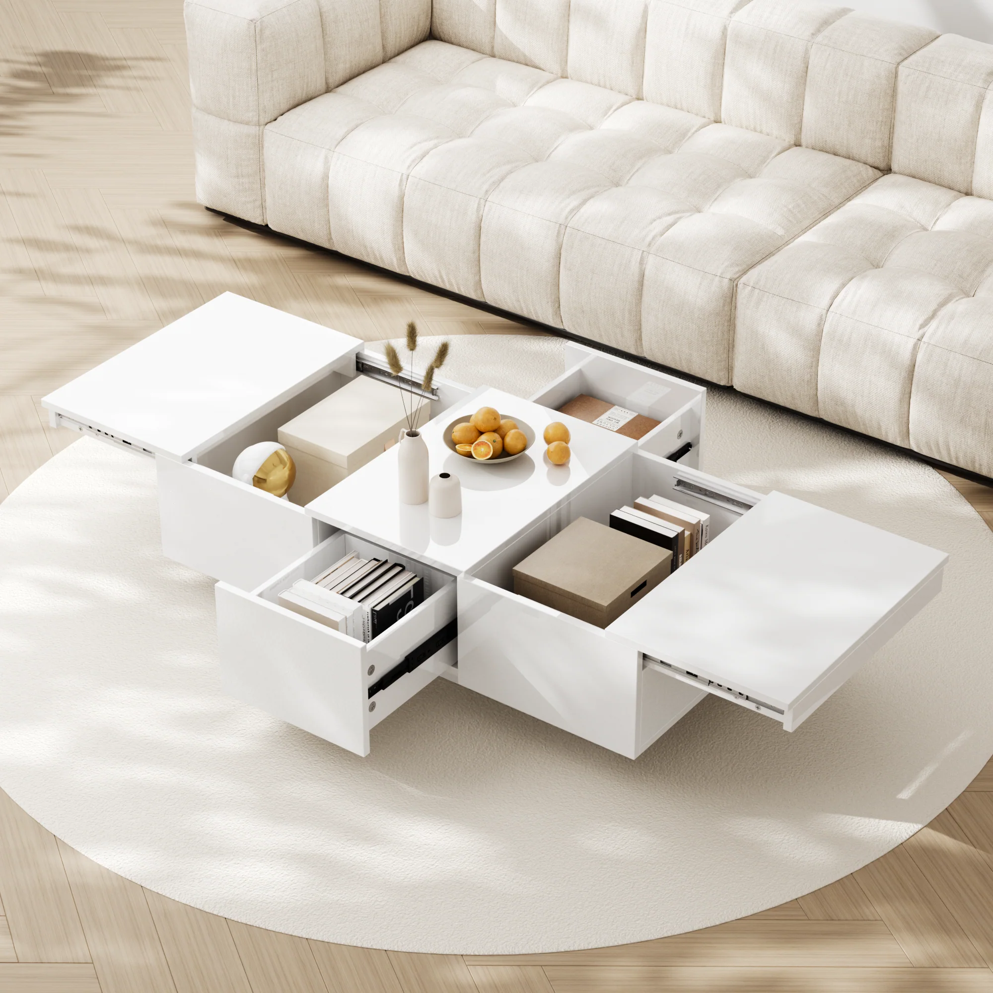 Coffee Table, High Gloss Living Room Table with Push-Pull Storage, Double-Sided Drawers - Image 2