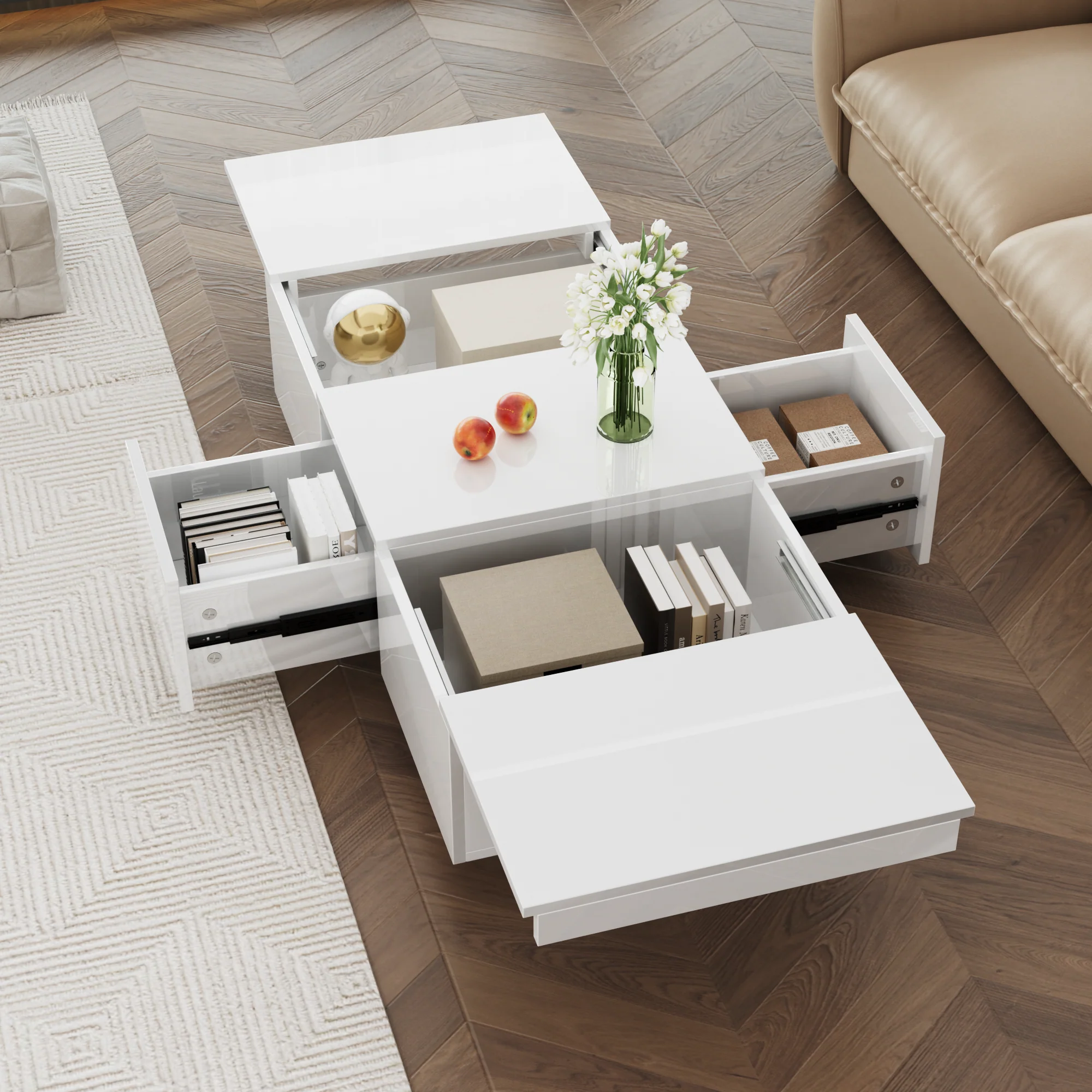 Coffee Table, High Gloss Living Room Table with Push-Pull Storage, Double-Sided Drawers - Image 5