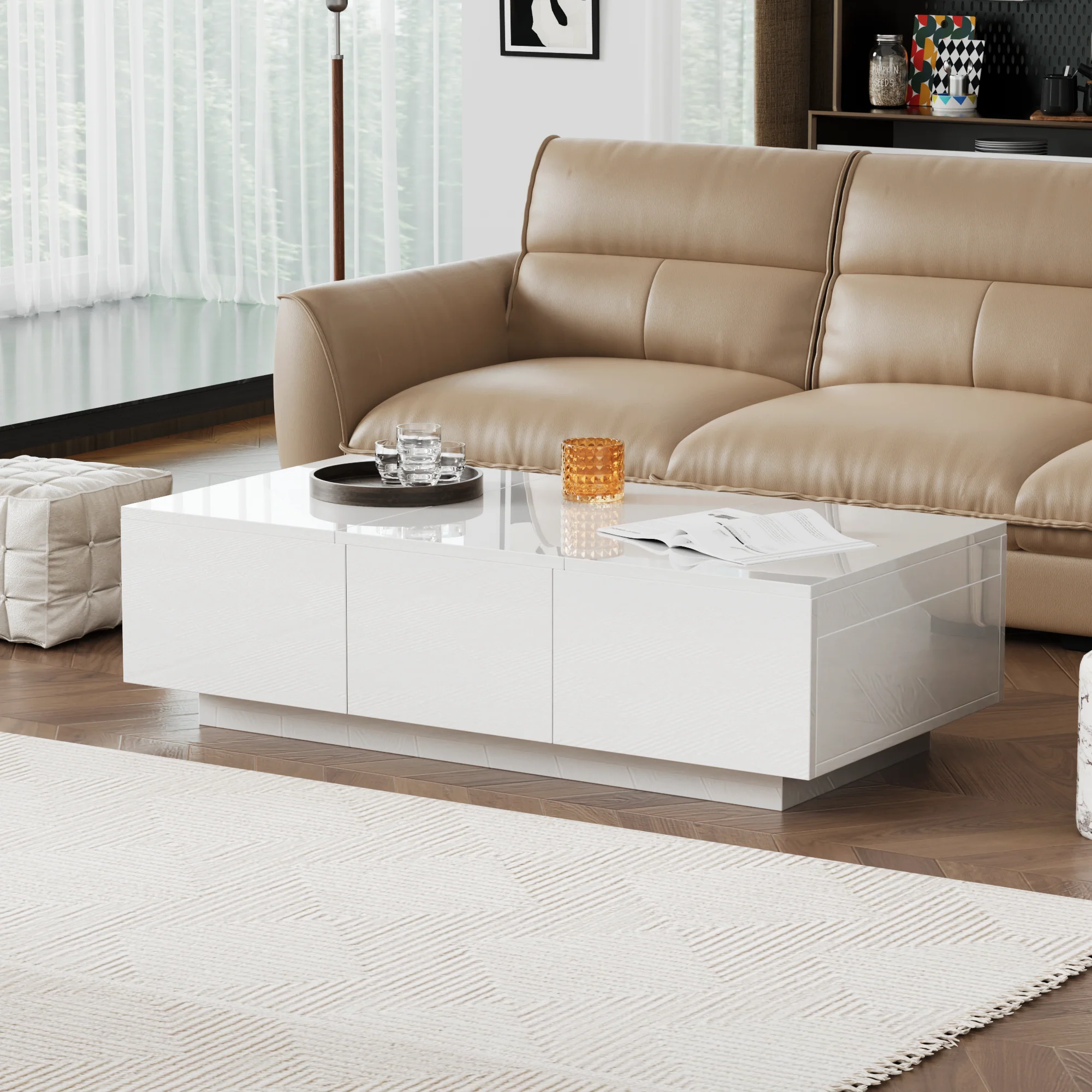 Coffee Table, High Gloss Living Room Table with Push-Pull Storage, Double-Sided Drawers - Image 6
