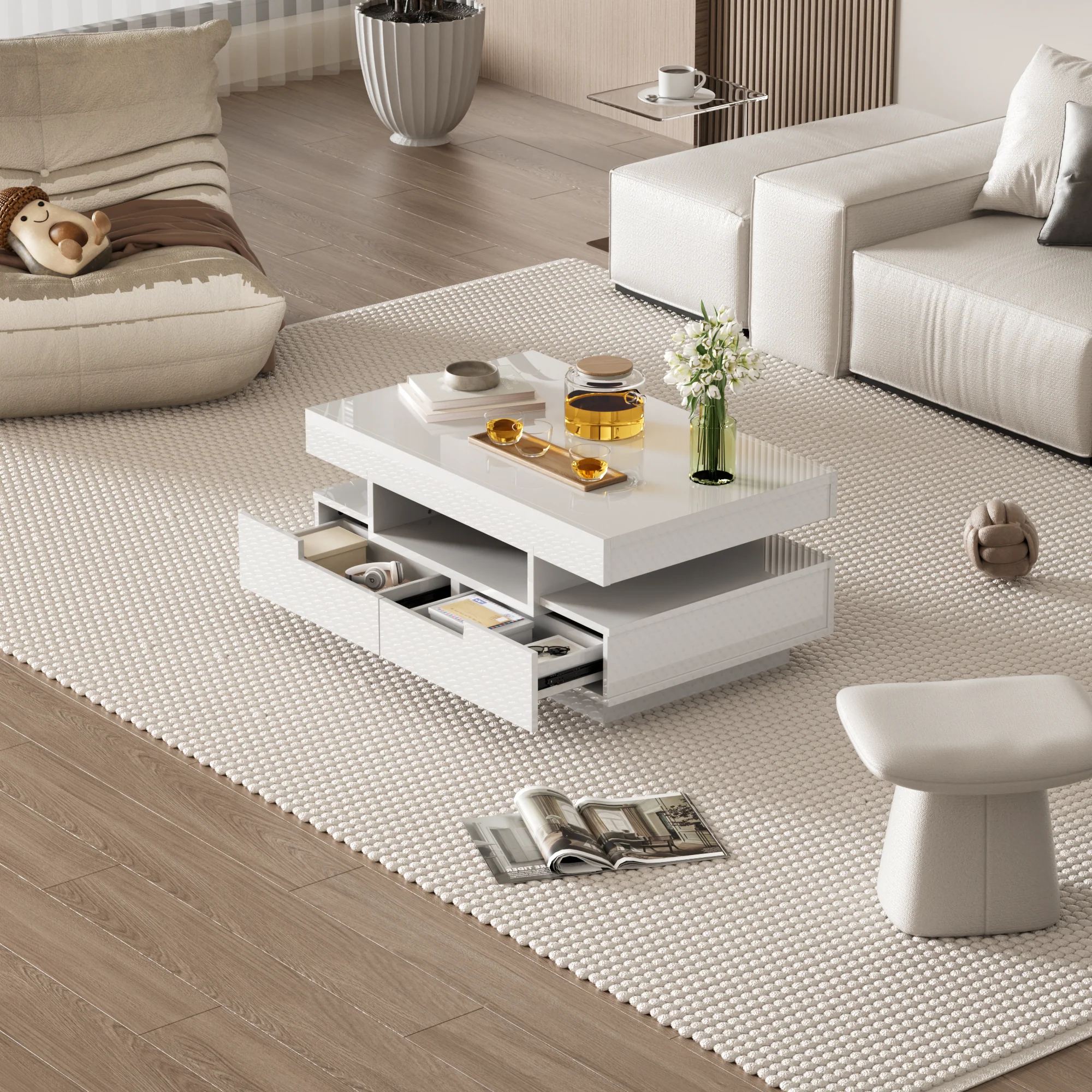 Coffee table high-gloss surface, LED light, four drawers, large storage space - Image 3