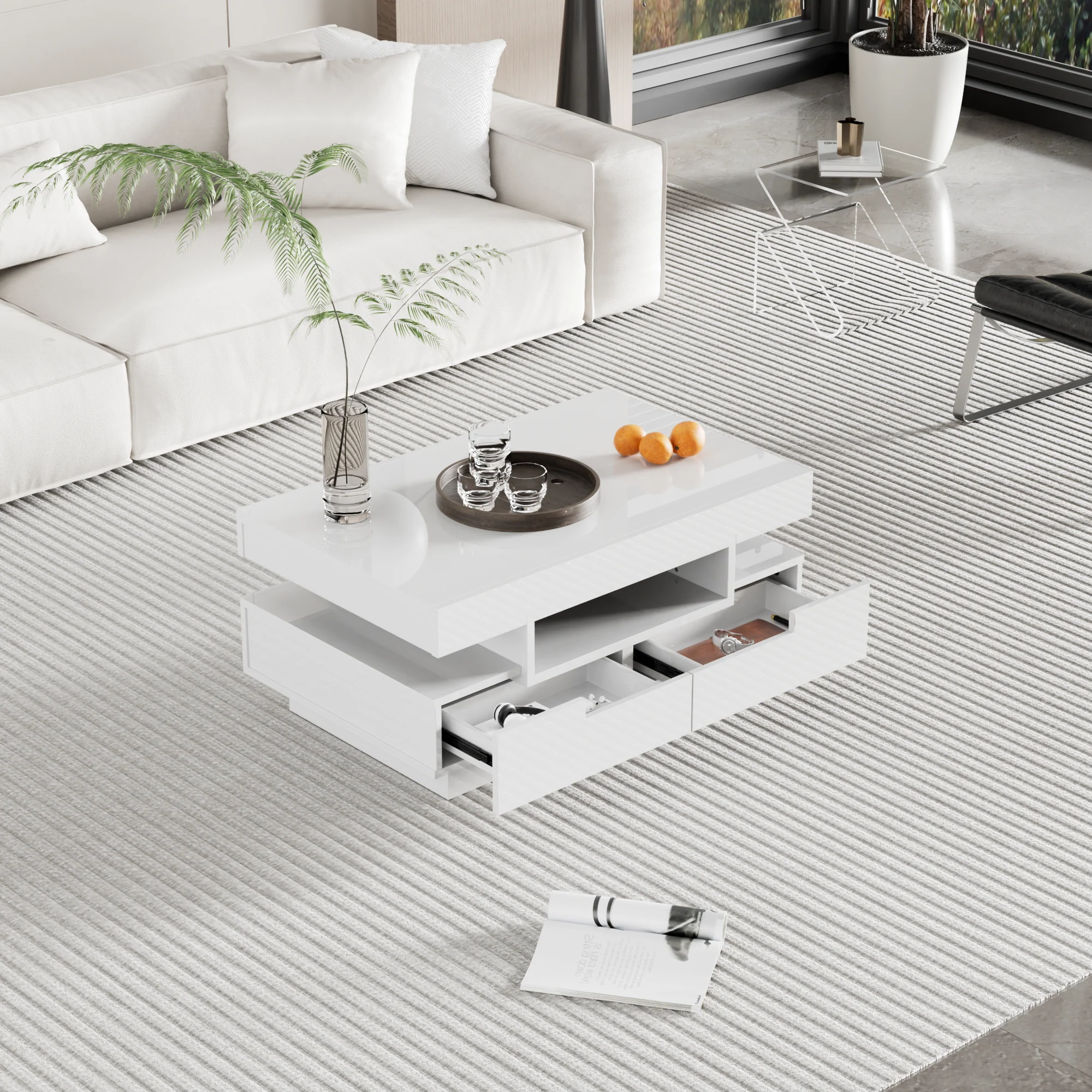 Coffee table high-gloss surface, LED light, four drawers, large storage space - Image 4
