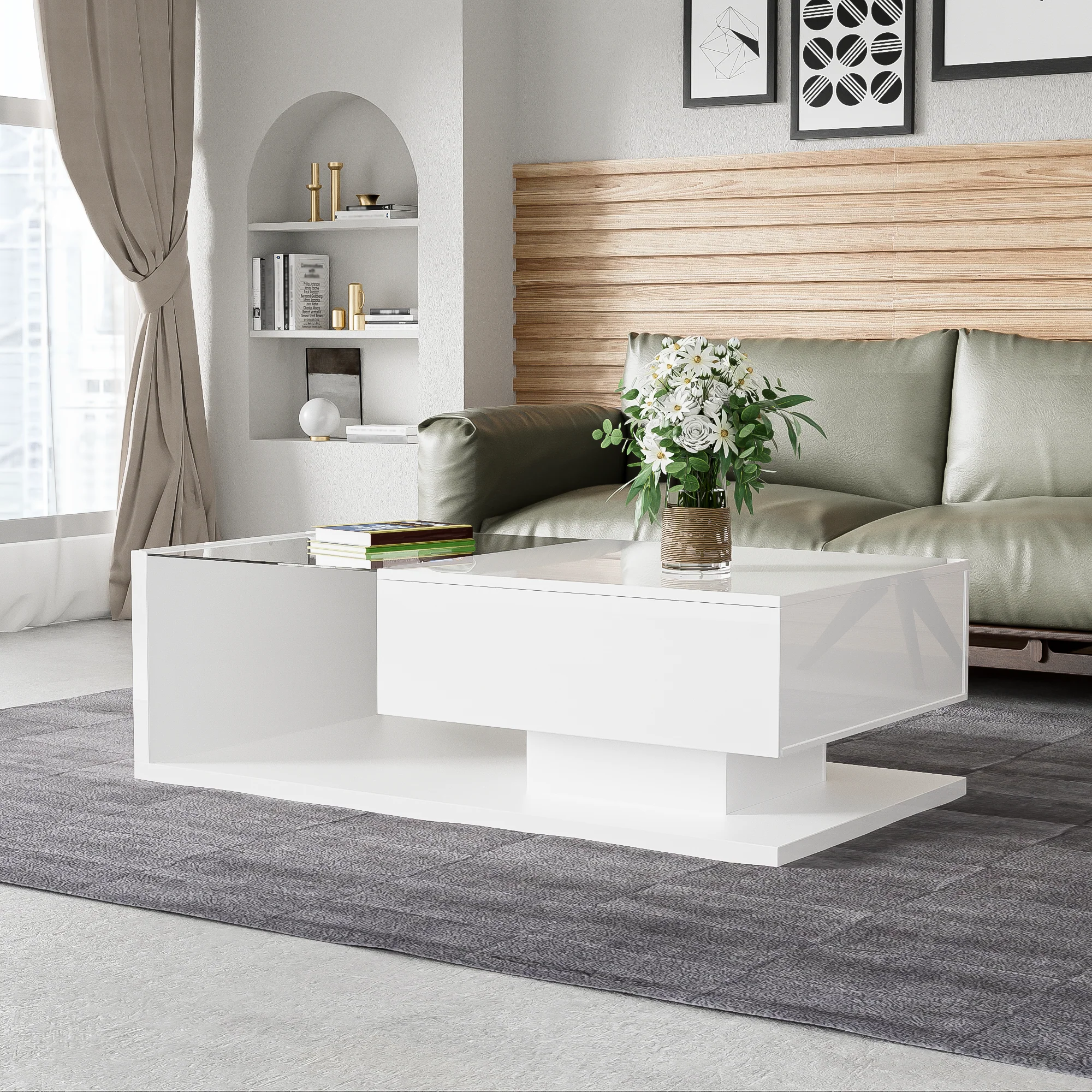Coffee table, high-gloss white
Side table, coffee table, with glass and LED effect - Image 5