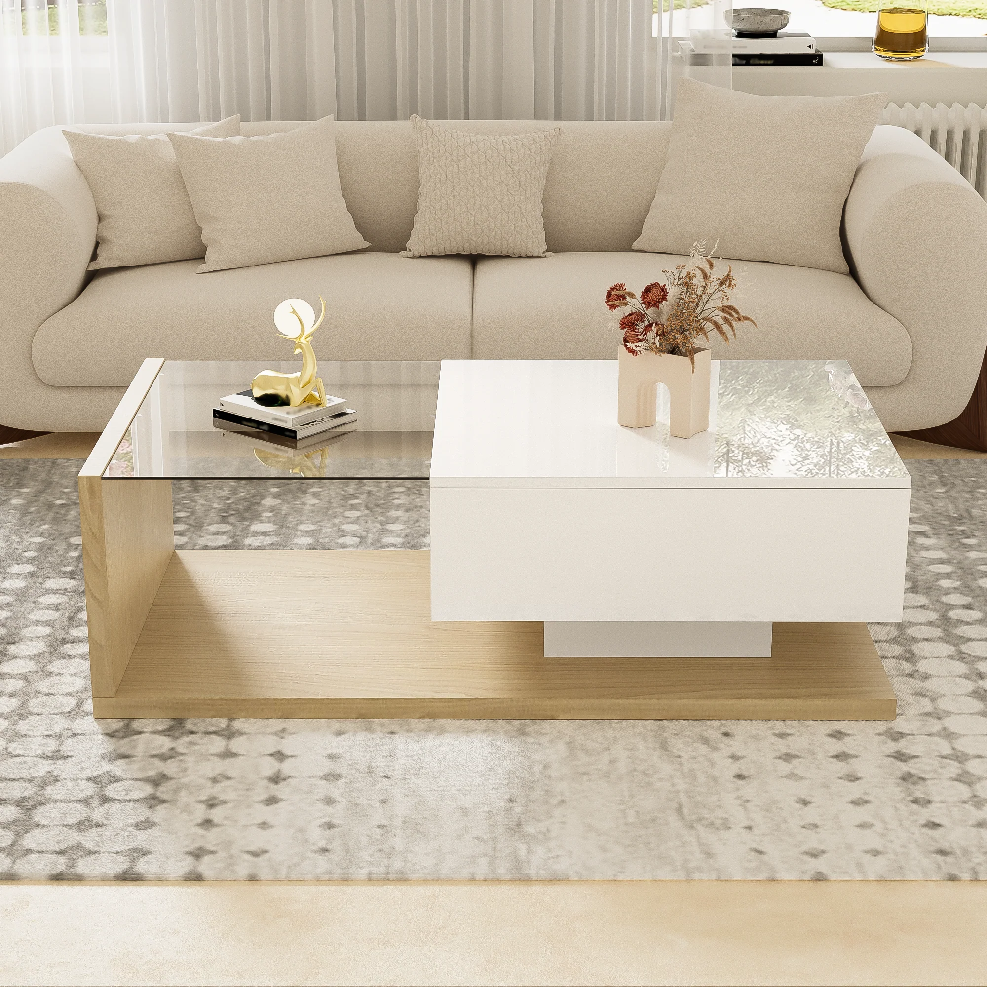 Coffee Table, High-Gloss White & Wood with Glass and LED Effect - Image 7