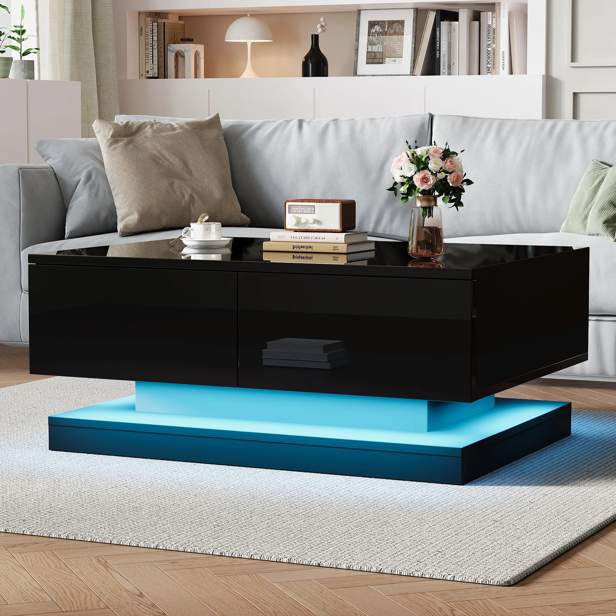 Coffee Table, High-Gloss with 2 Drawers & LED Lighting, Black - Image 3