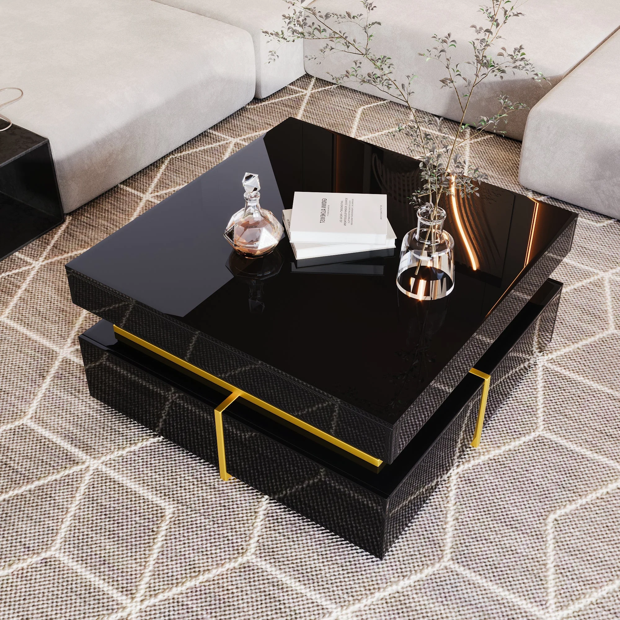 Coffee Table, High-Gloss, with Drawers, Gold Accents - Image 3