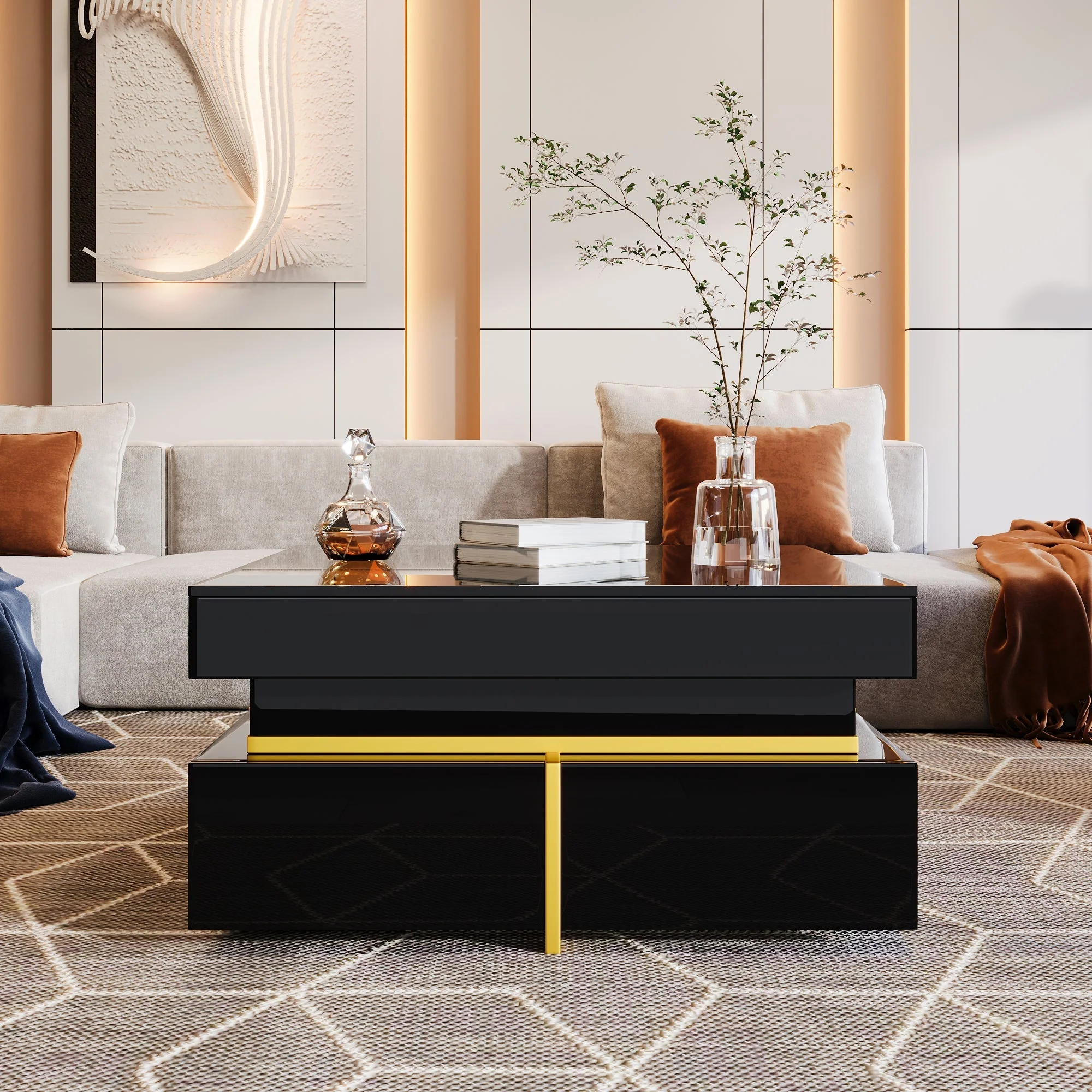 Coffee Table, High-Gloss, with Drawers, Gold Accents - Image 7