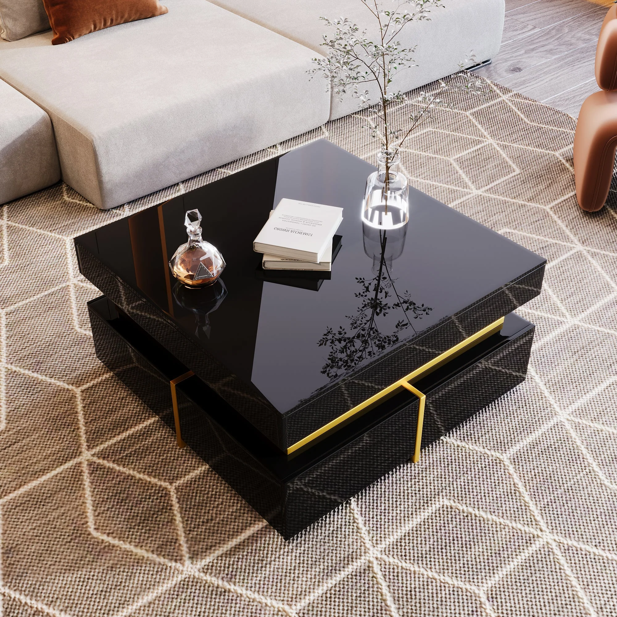 Coffee Table, High-Gloss, with Drawers, Gold Accents - Image 8