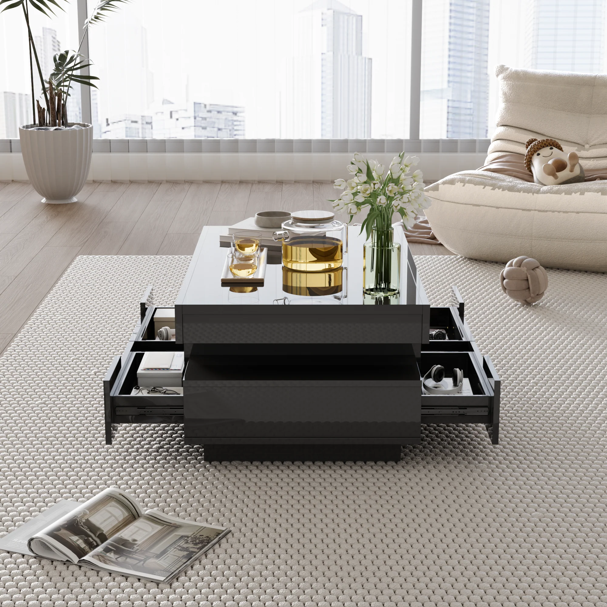 Coffee table, high-gloss with LED light, four drawers, large storage space - Image 4