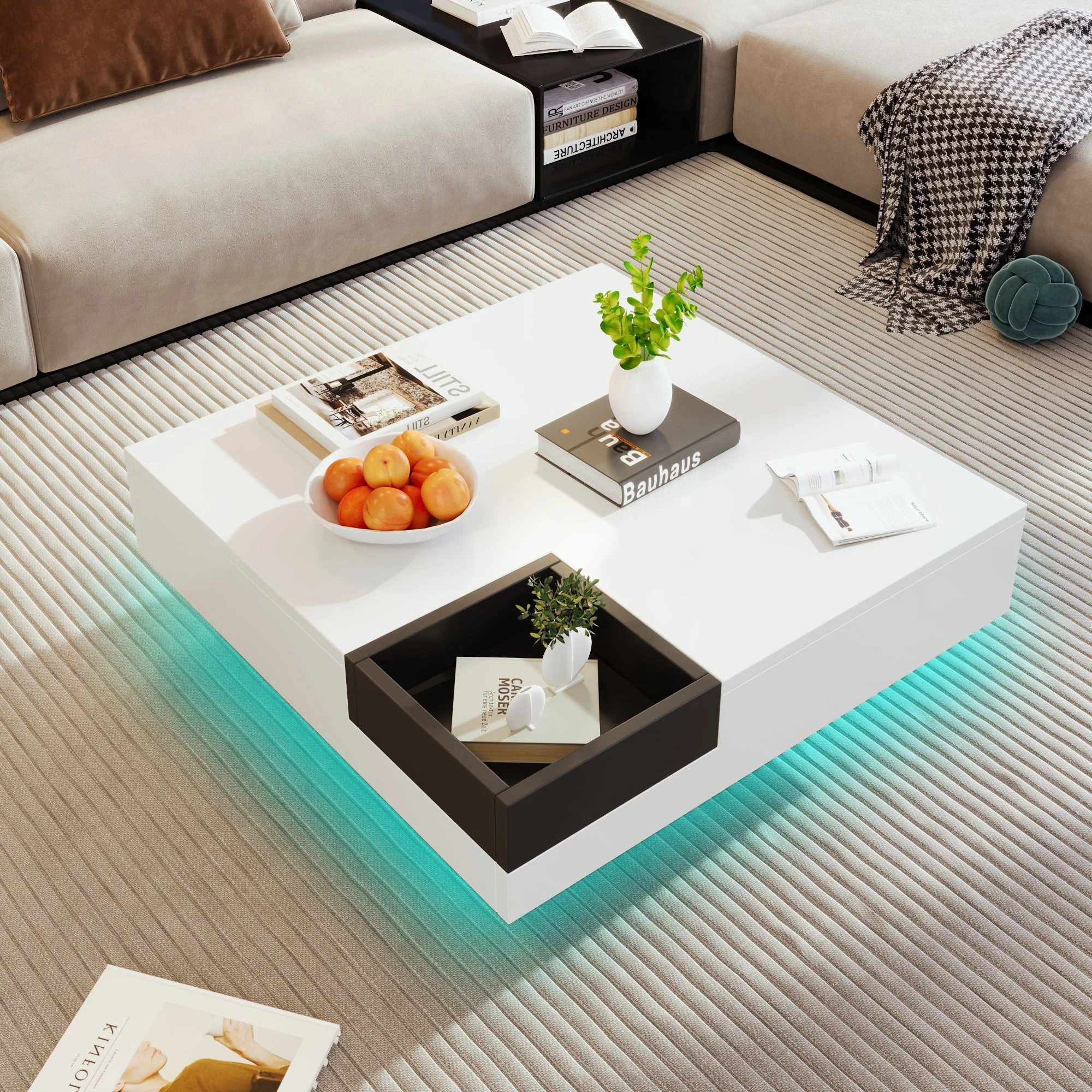 Coffee Table, High-Gloss with Removable Storage Box and LED Light Effect, White and Black - Image 2