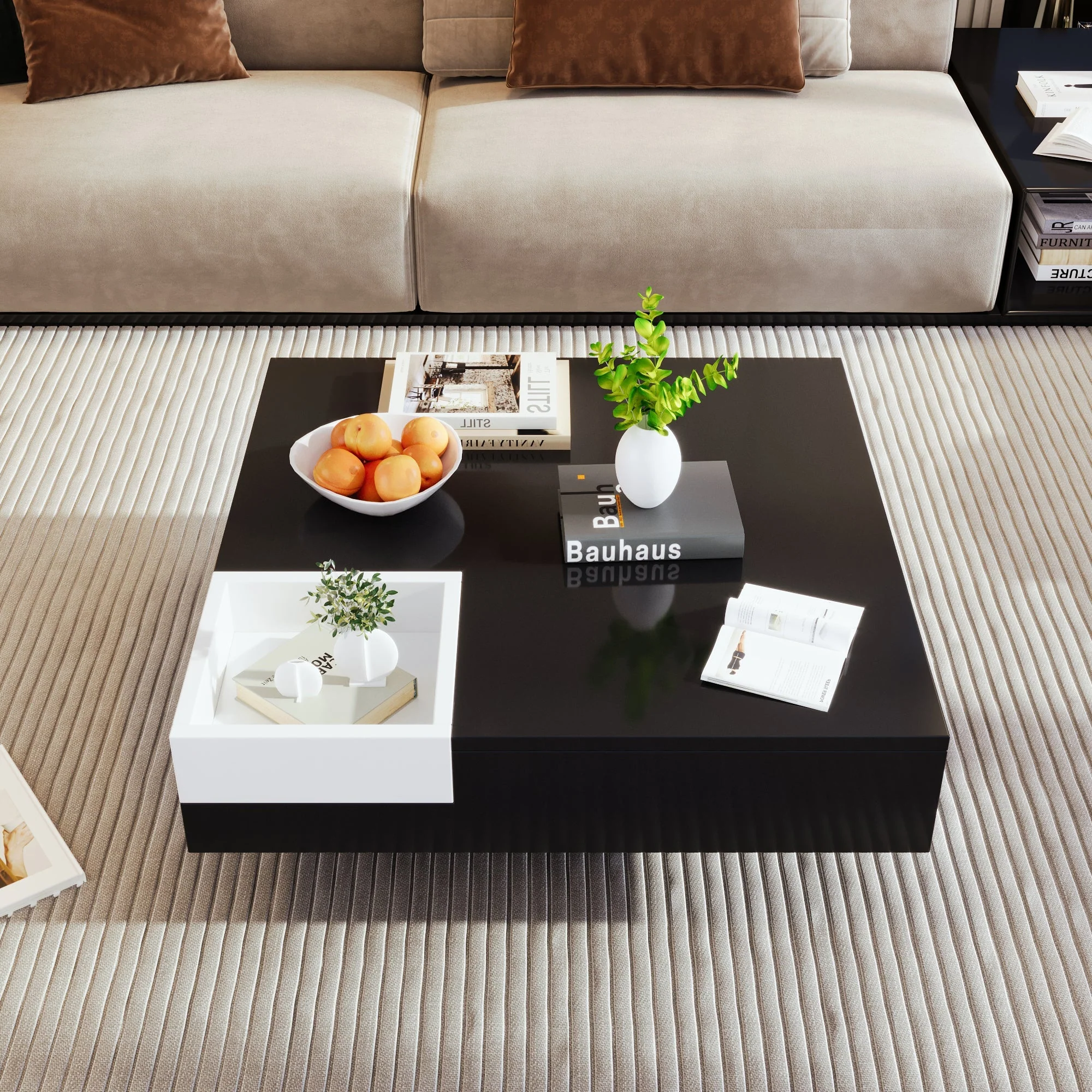 Coffee Table high gloss with removable storage box LED light effect white and black - Image 3