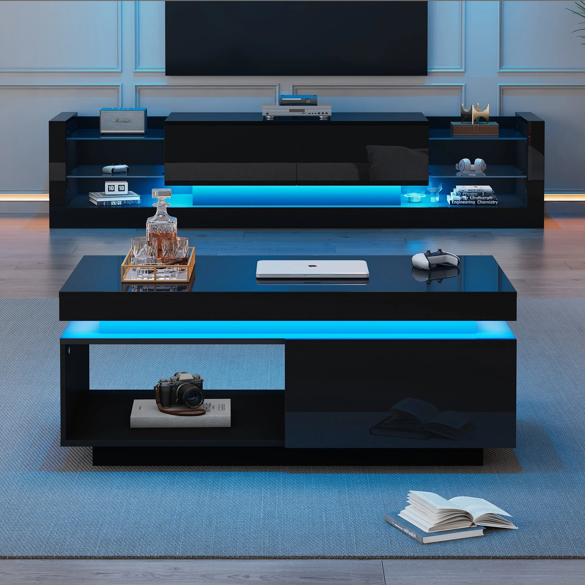 Coffee Table LED Lighting Drawer 100x50x40.3cm High-Gloss - Image 5