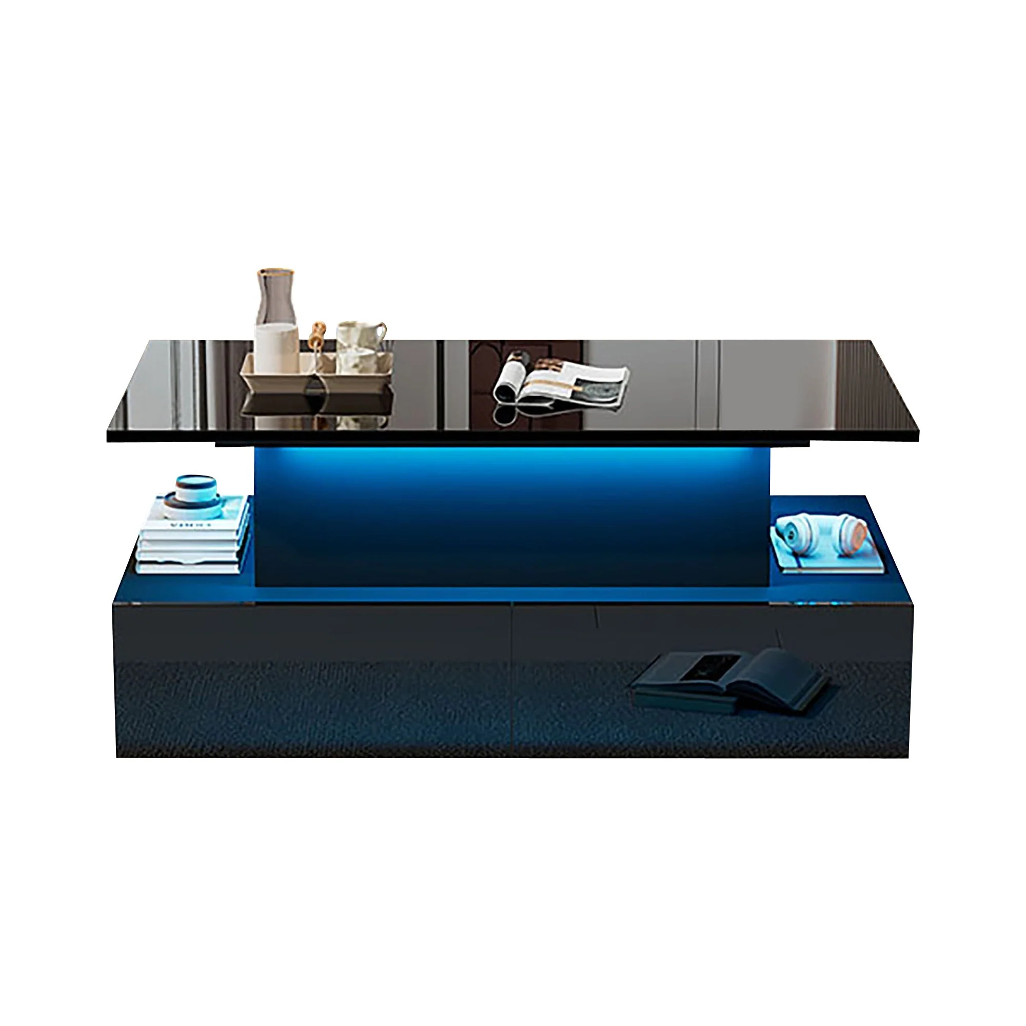 Coffee Table, LED Lit with 4 Drawers, Black High-Gloss - Image 10