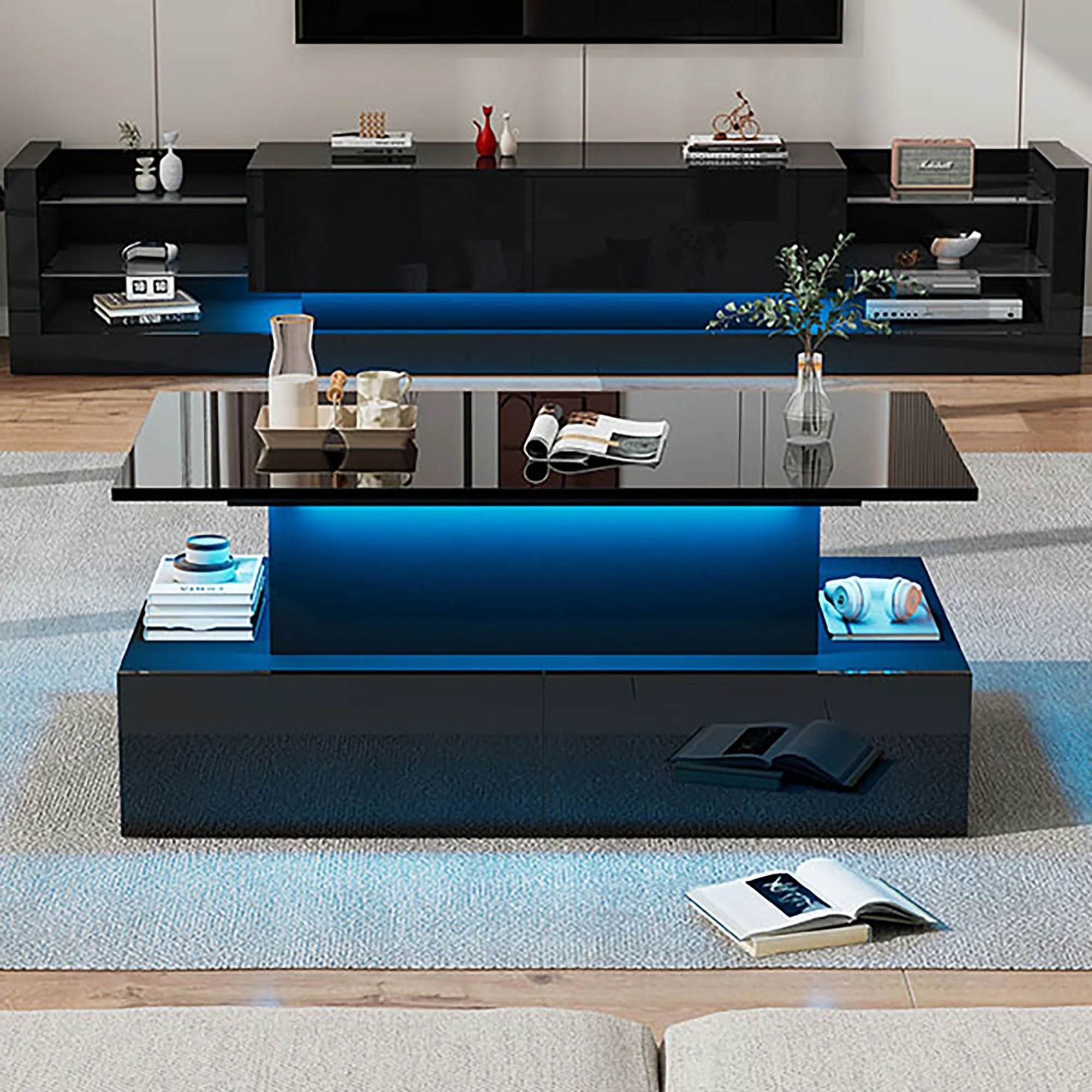 Coffee Table, LED Lit with 4 Drawers, Black High-Gloss - Image 5