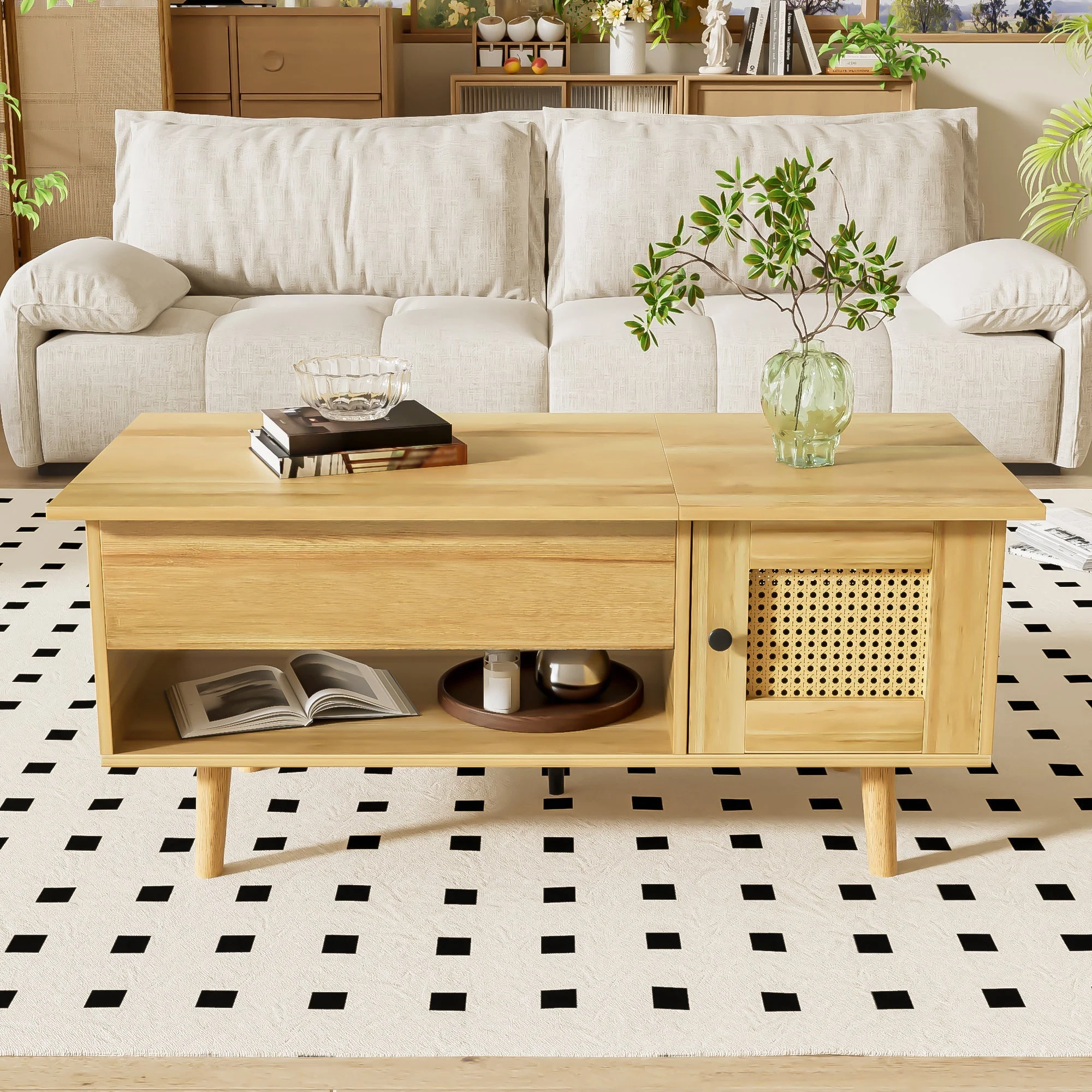 Coffee Table Lift-Up Top Rattan Doors Storage Wood/Black - Image 3