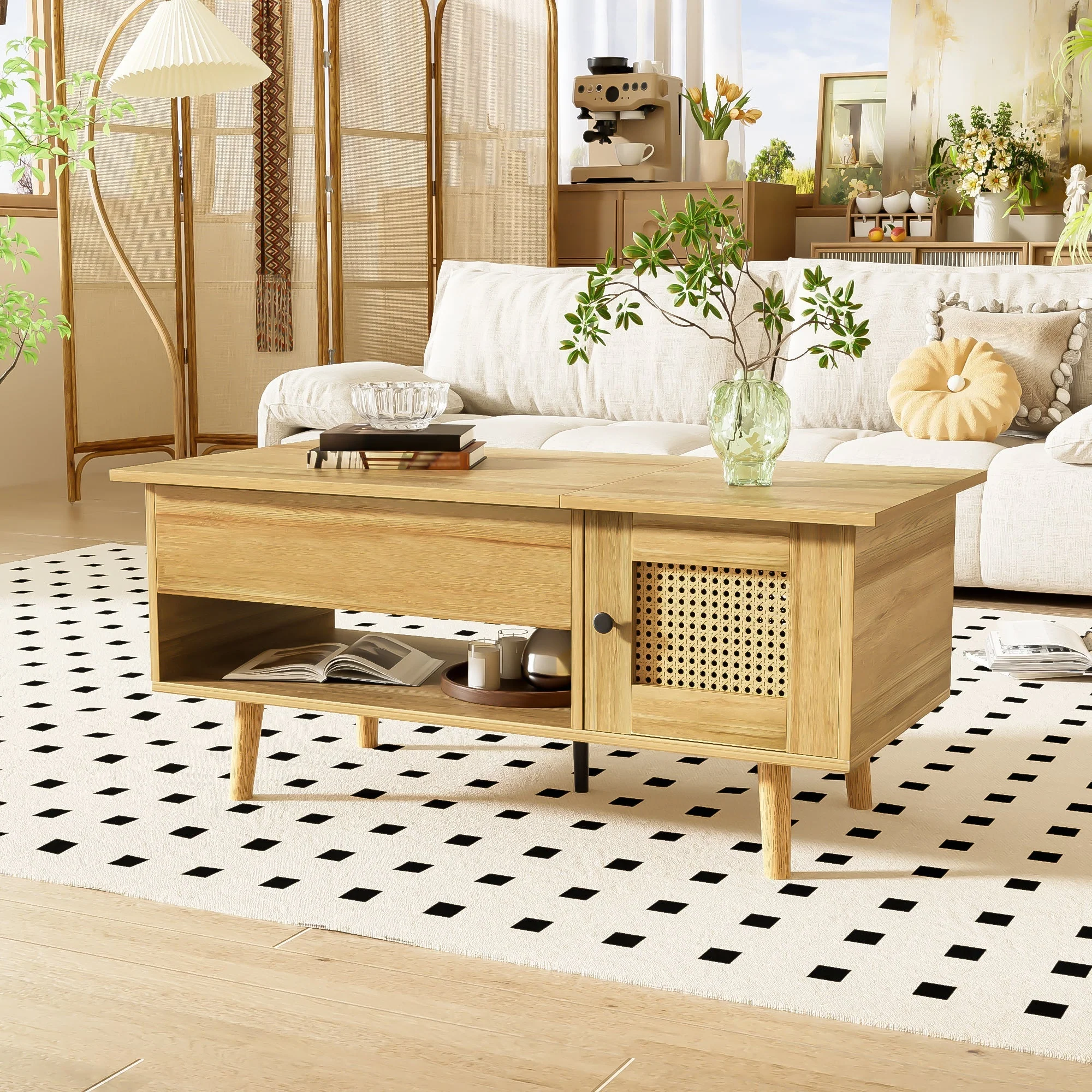 Coffee Table Lift-Up Top Rattan Doors Storage Wood/Black - Image 4