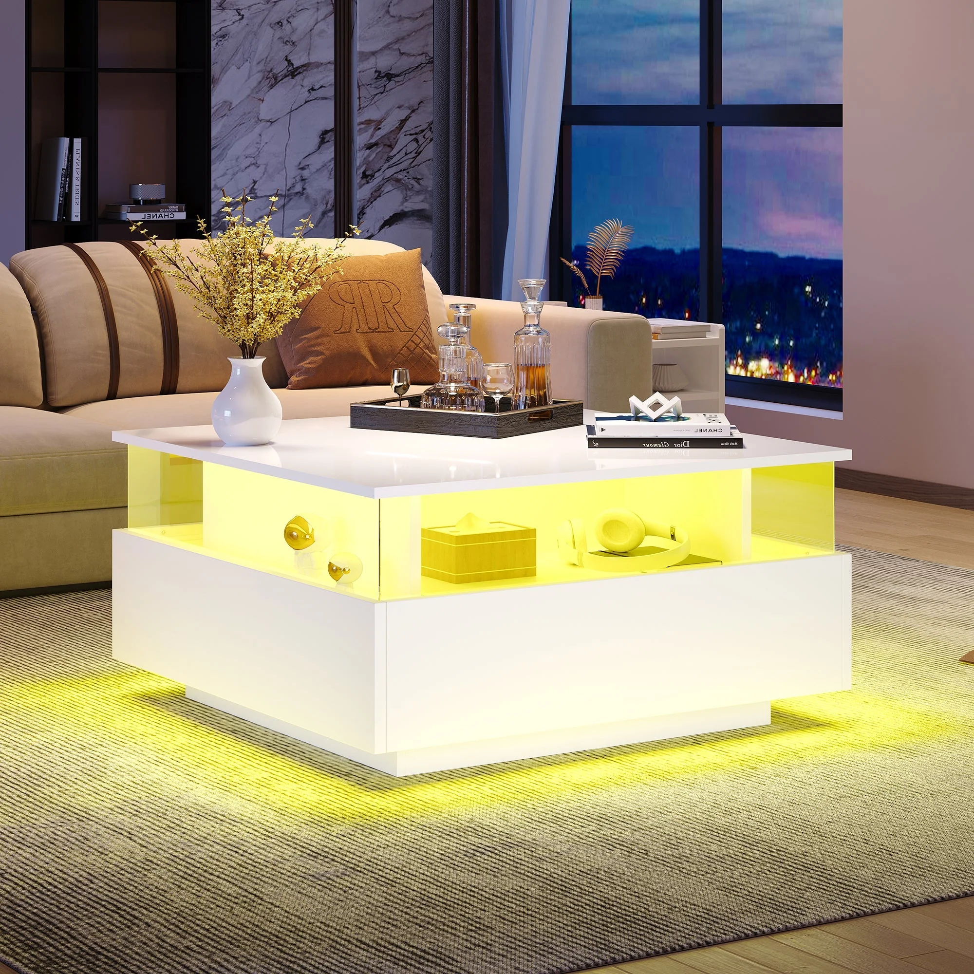 Coffee Table, Modern High-Gloss LED with 2 Drawers, Glass - Image 3