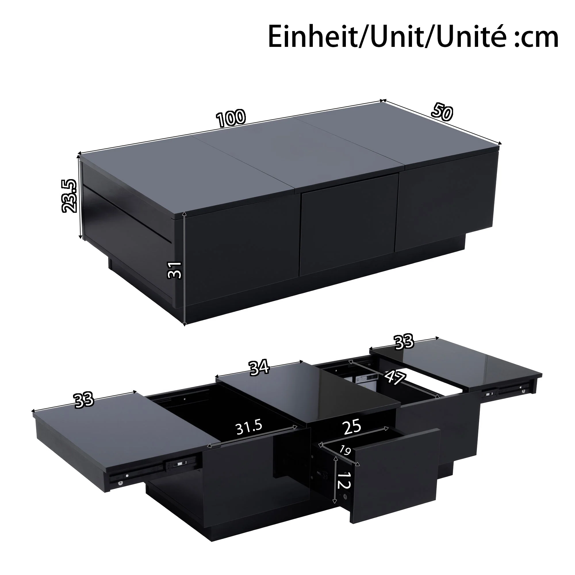 Coffee Table Modern Rectangular High-Gloss with Drawers Sliding Compartment Black - Image 6