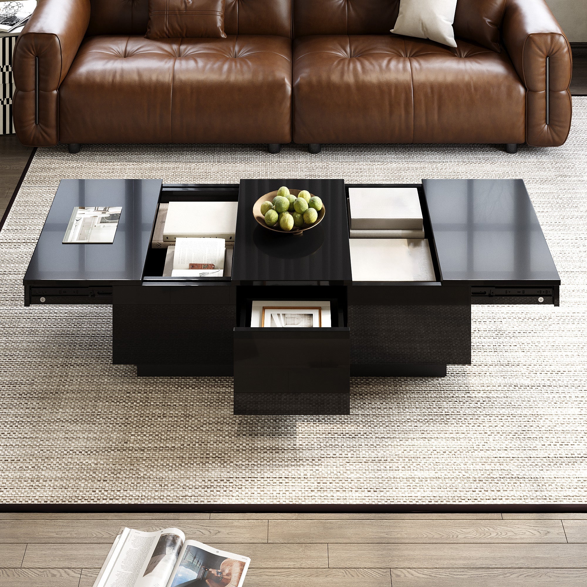 Coffee Table Modern Rectangular High-Gloss with Drawers Sliding Compartment Black - Image 8