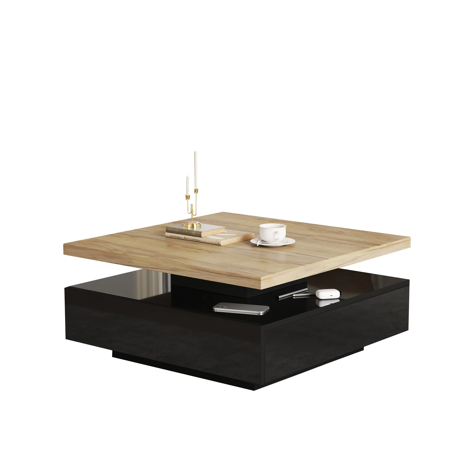 Coffee Table Multifunctional 360° Swivel 2-Tier Storage - Natural/Black Chipboard - Image 10