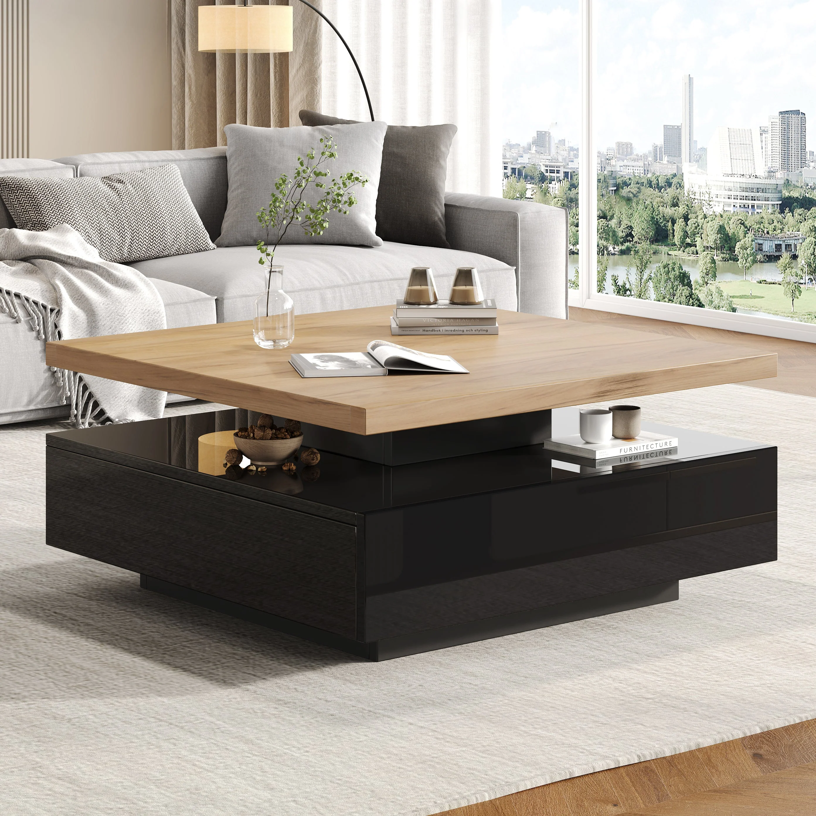 Coffee Table Multifunctional 360° Swivel 2-Tier Storage - Natural/Black Chipboard - Image 6
