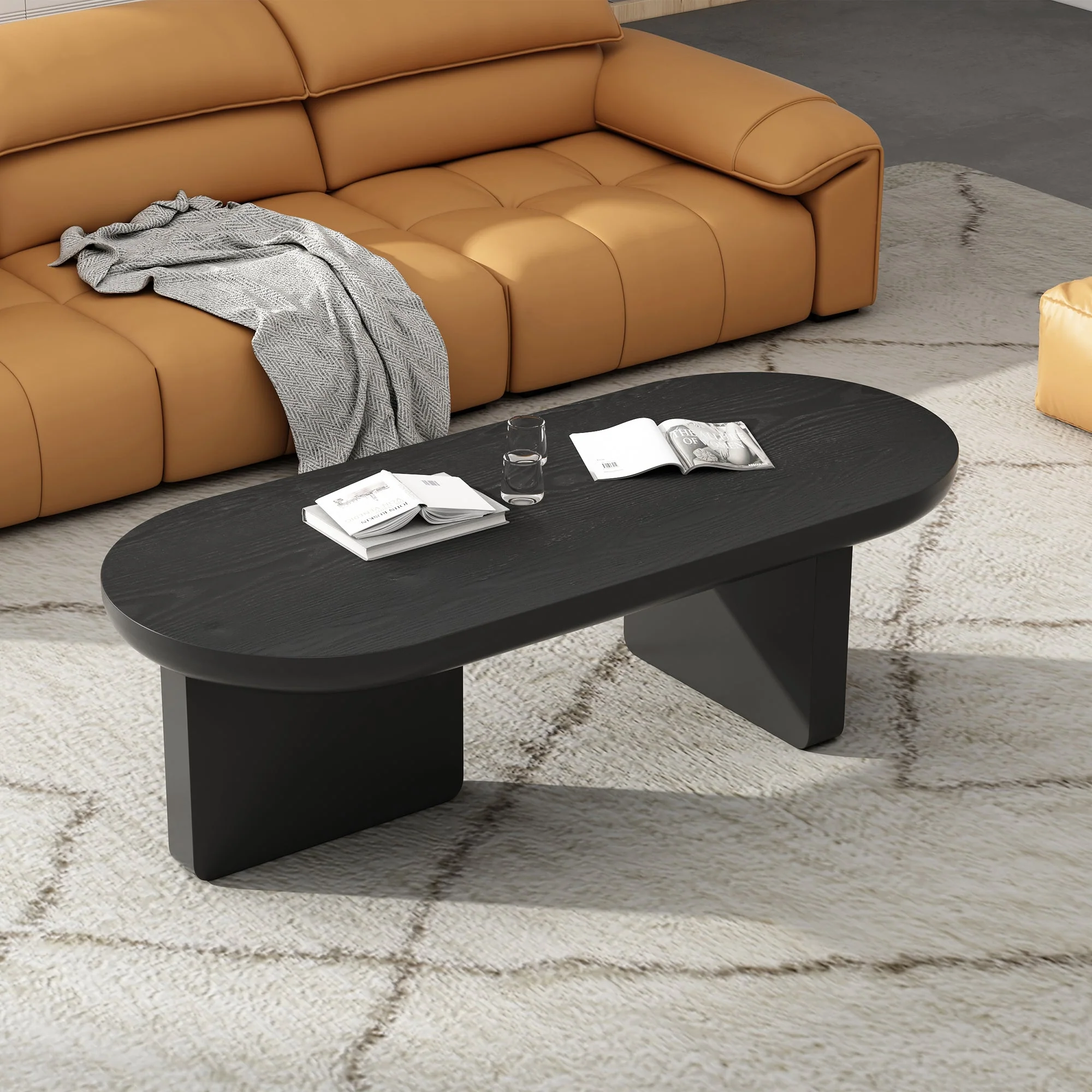 Coffee Table Oval Modern Minimalist Spray-Painted MDF Black - Image 2